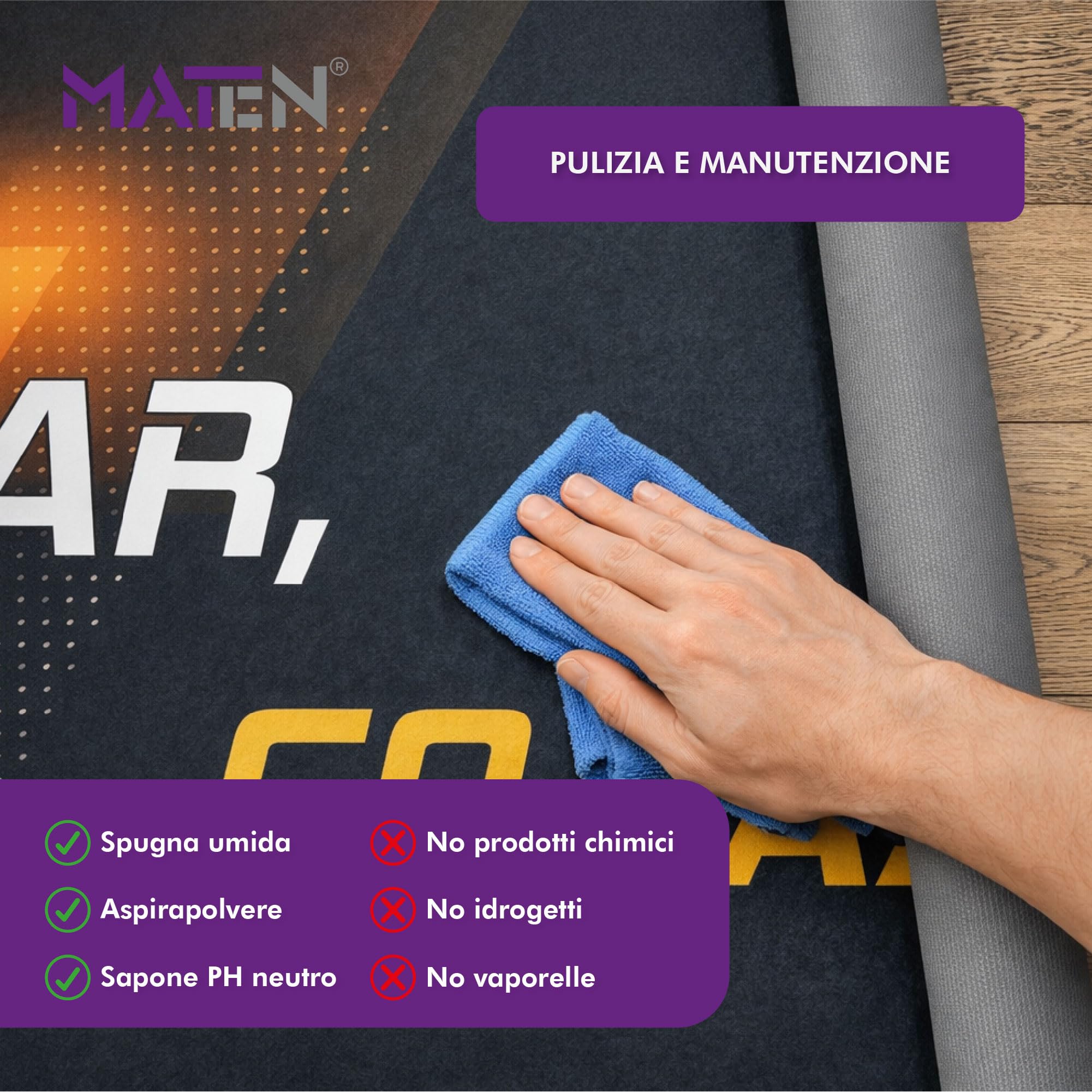 MATEN Tappeto Moto per Garage Stampato NO FEAR, feltro assorbente, Fondo Antiscivolo, Ideale per Officina e Area Manutenzione, Made in Italy (Feltro assorbente, 200X80)