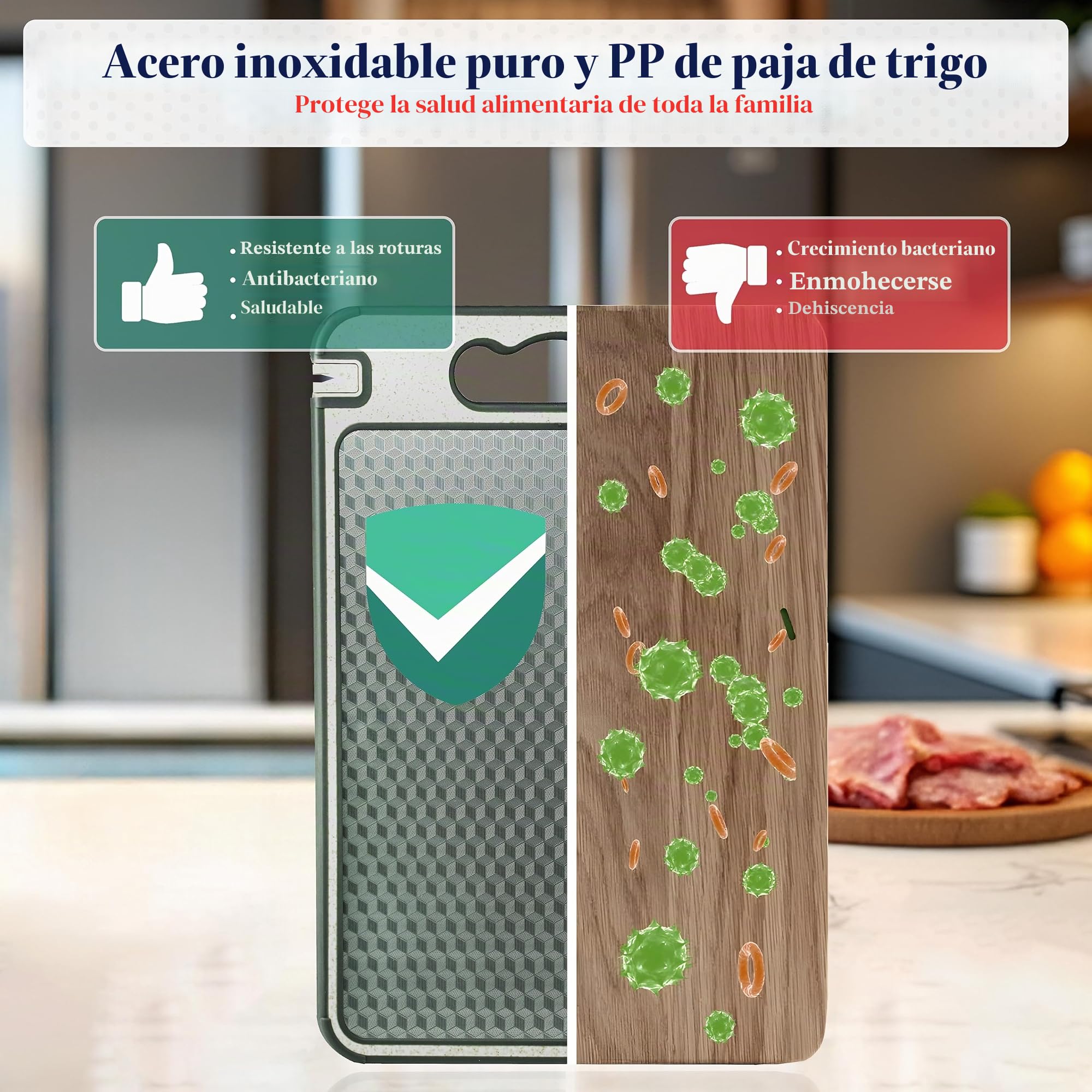EVONOX Tablas de cortar de acero inoxidable para cocina, de doble cara, ligeras, aptas para lavavajillas, fáciles de limpiar, no tóxicas, bordes antideslizantes, tabla de cortar grande de paja de