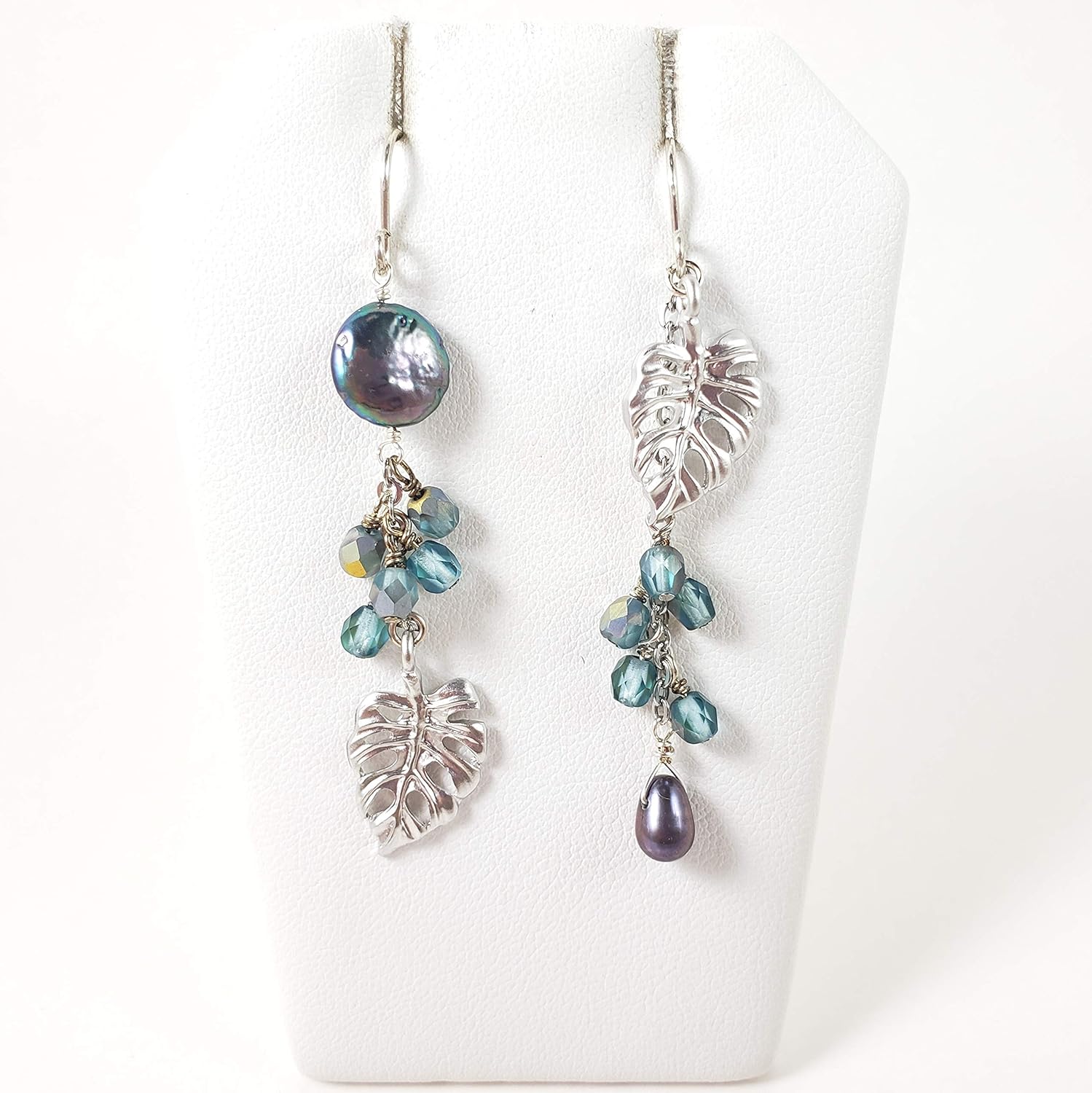 Monstera leaf black pearl and blue glass silver asymmetrical earrings-hypoallergenic for sensitive skin, Handmade in Hawaii Beach Jewelry