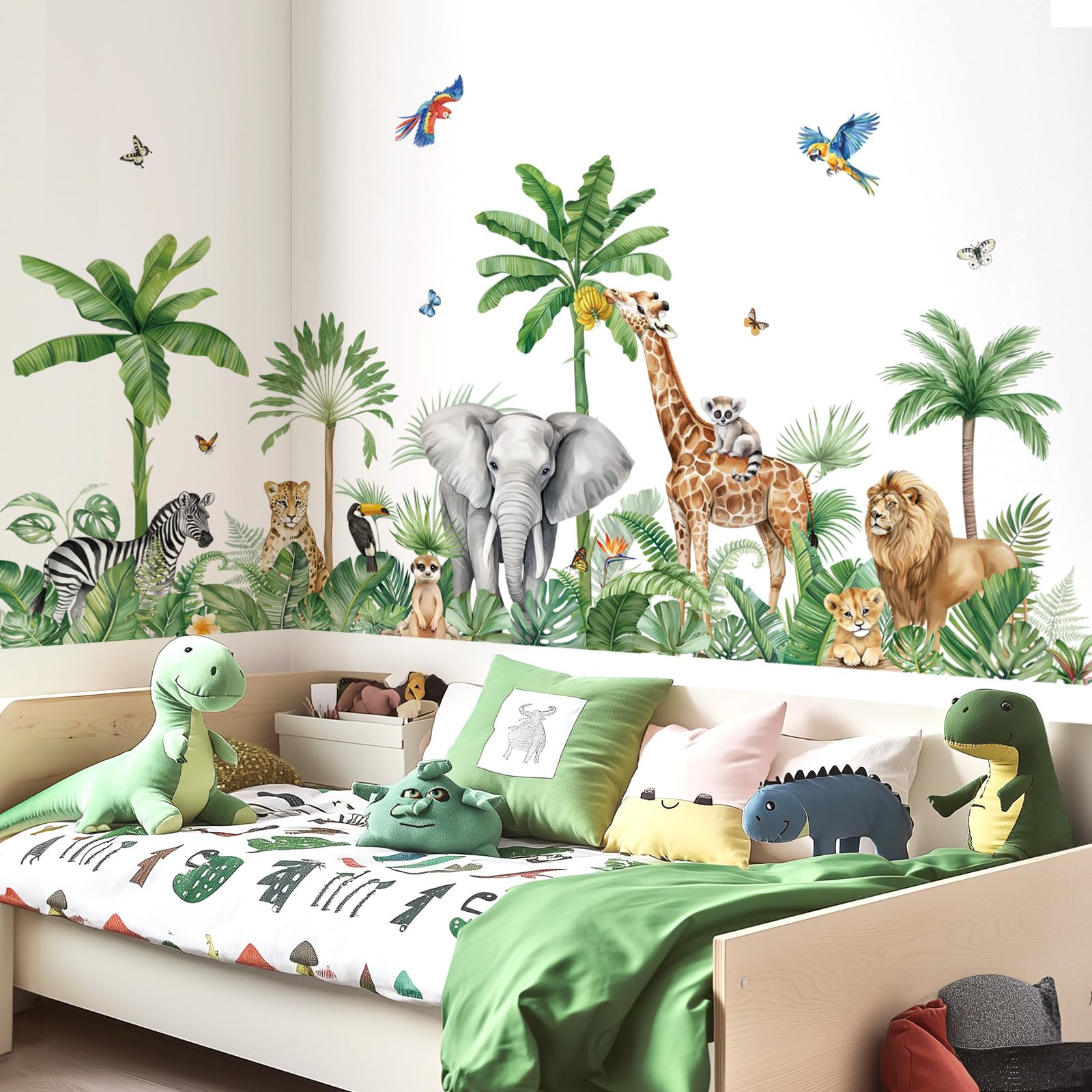 decalmile Large Safari Animals Tropical Tree Wall Decals Jungle Animals Giraffe Elephant Lion Wall Stickers Living Room Baby Nursery Kids Room Wall