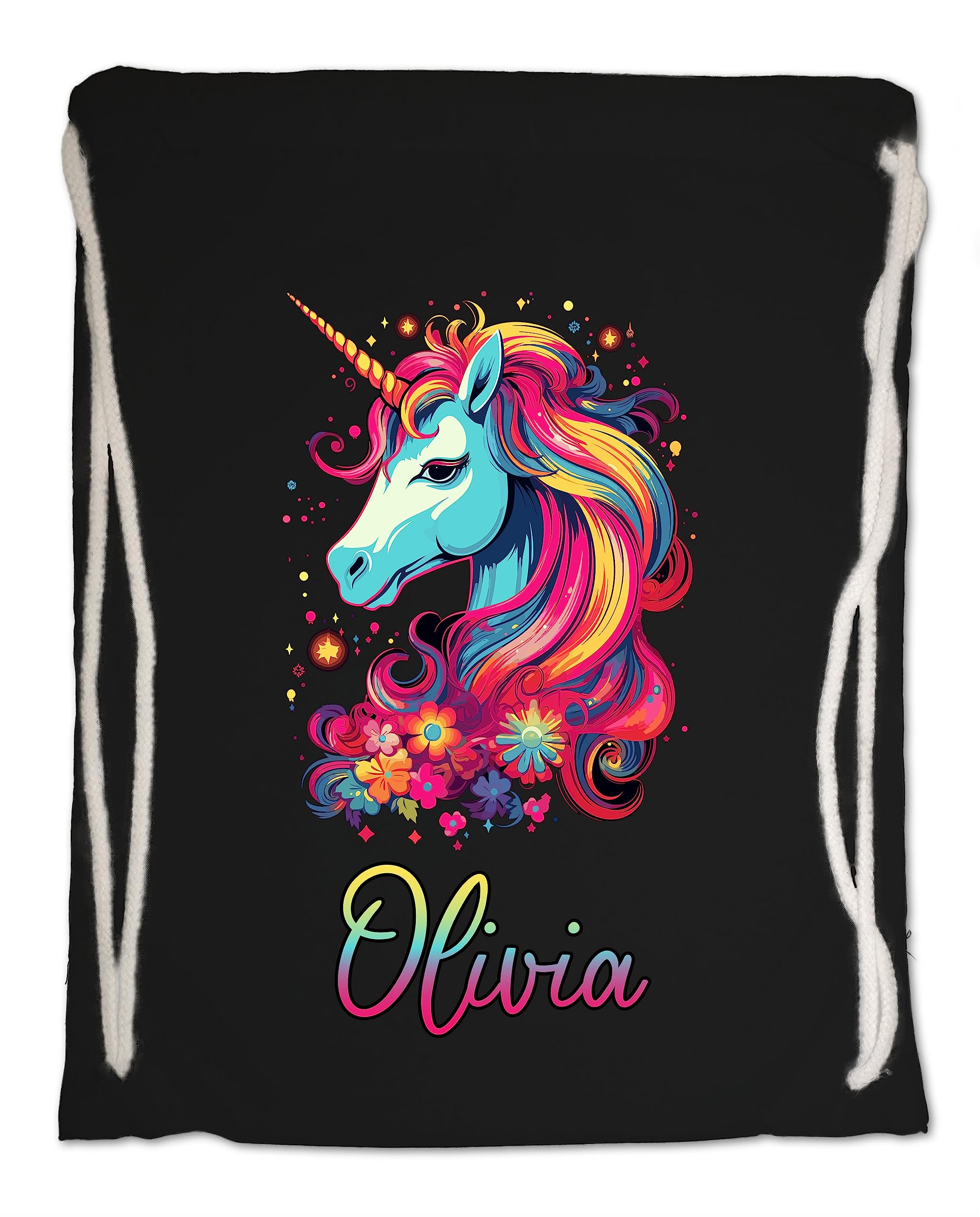 Kids Gym Bag. Personalised Any Name Neon Mane Unicorn Swimming PE School Sports Bag. Boy or Girl, Birthday Gift. Christmas. Back to School (Black)