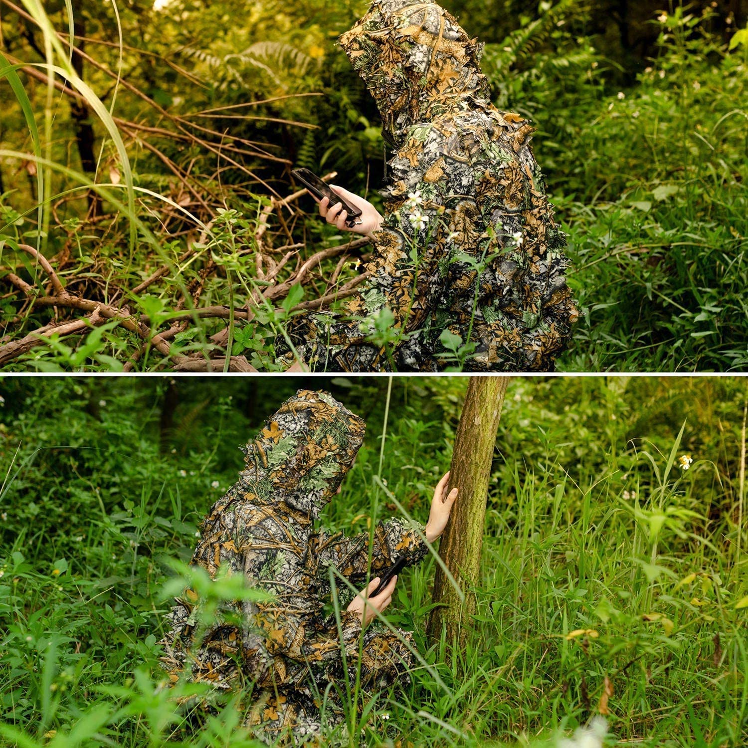 3D Ghillie Suit, Tarnanzug Dschungel Camouflage Bionic Design leicht Blättern Tarn Kleidung Hose Jacke Set mit Kappen für Jagd Airsoft Outdoor Militär Verdeckt