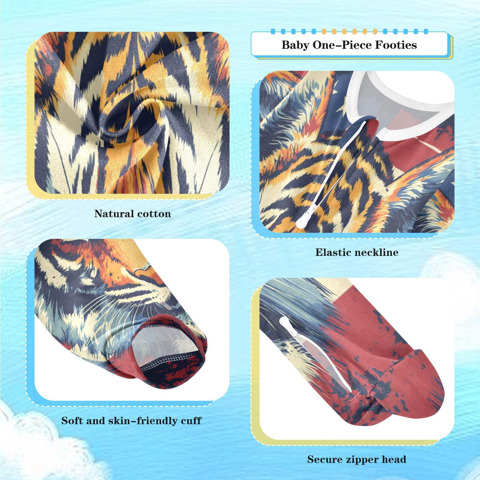 Dussdil Us Flag Tiger Baby One-Piece Footies Newborn Rompers Pajamas Cotton Footed Pjs for Sleep Play Boys Girls 18M