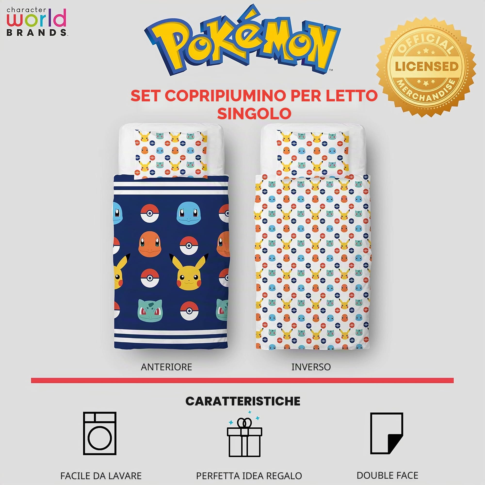 Set copripiumino singolo per bambini, con licenza ufficiale Pokemon, design con distintivi Pikachu reversibile su 2 lati, con federa coordinata, set da letto singolo Character World Brands