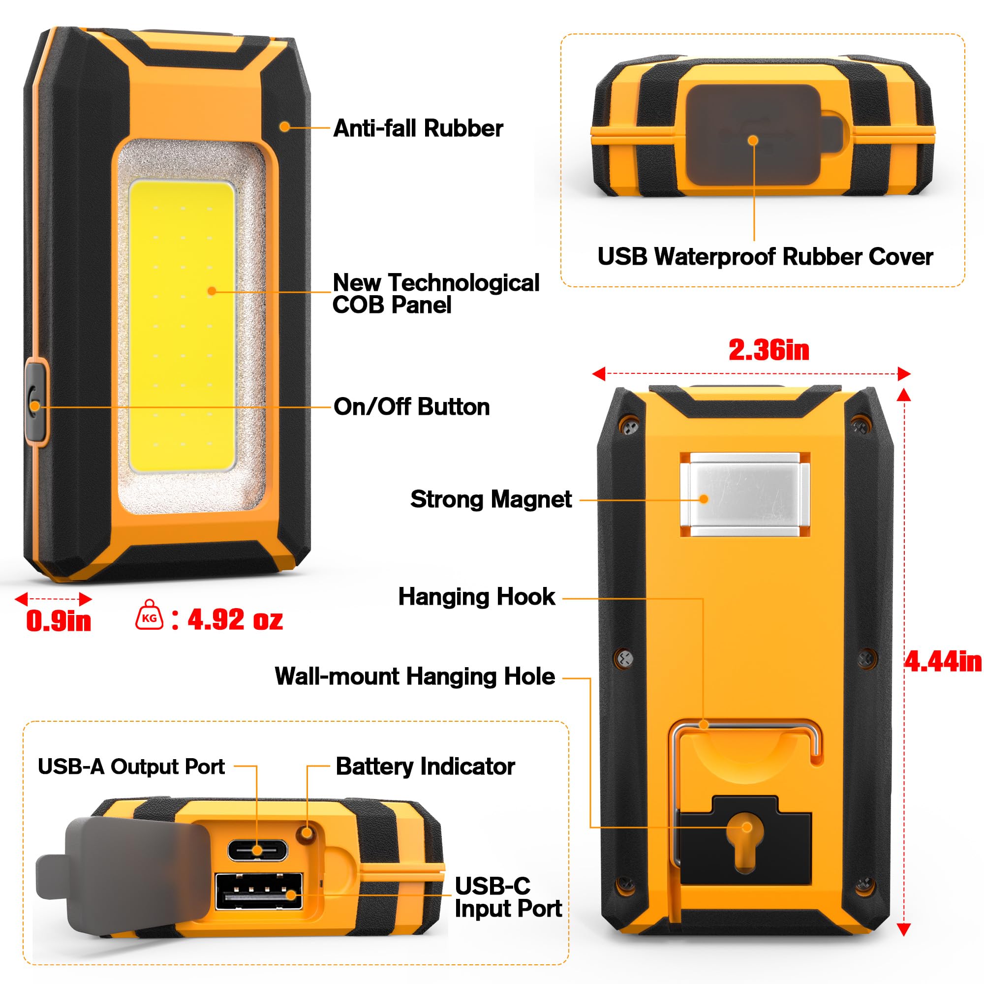Favorlite Lot de 2 lampes de travail LED 40 W 1600 lm, rechargeables, portables, magnétiques, pour camping, urgence, réparation de voiture, éclairage étanche