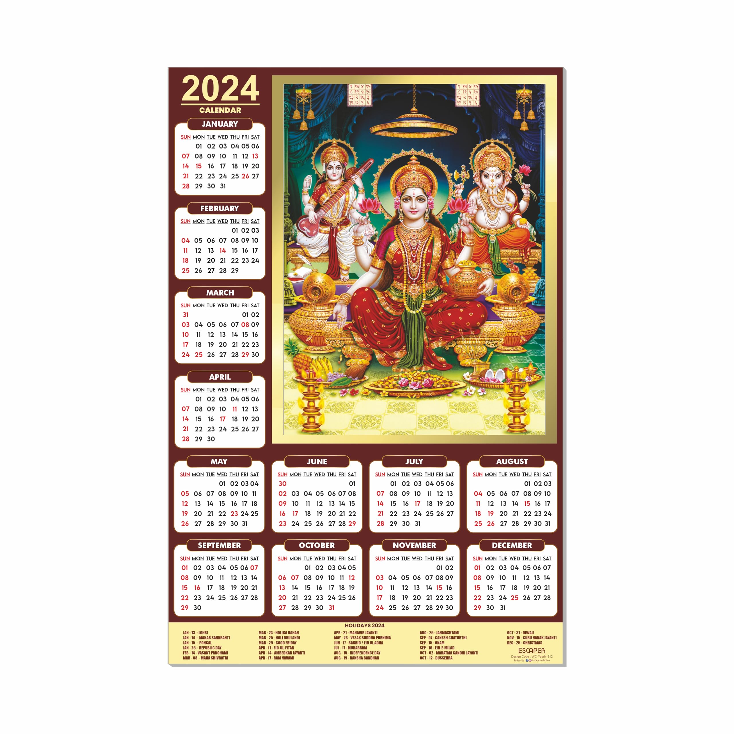 ESCAPER Goddess Laxmi Saraswati Ganesh Ji Calendar 2024 for Wall Unique