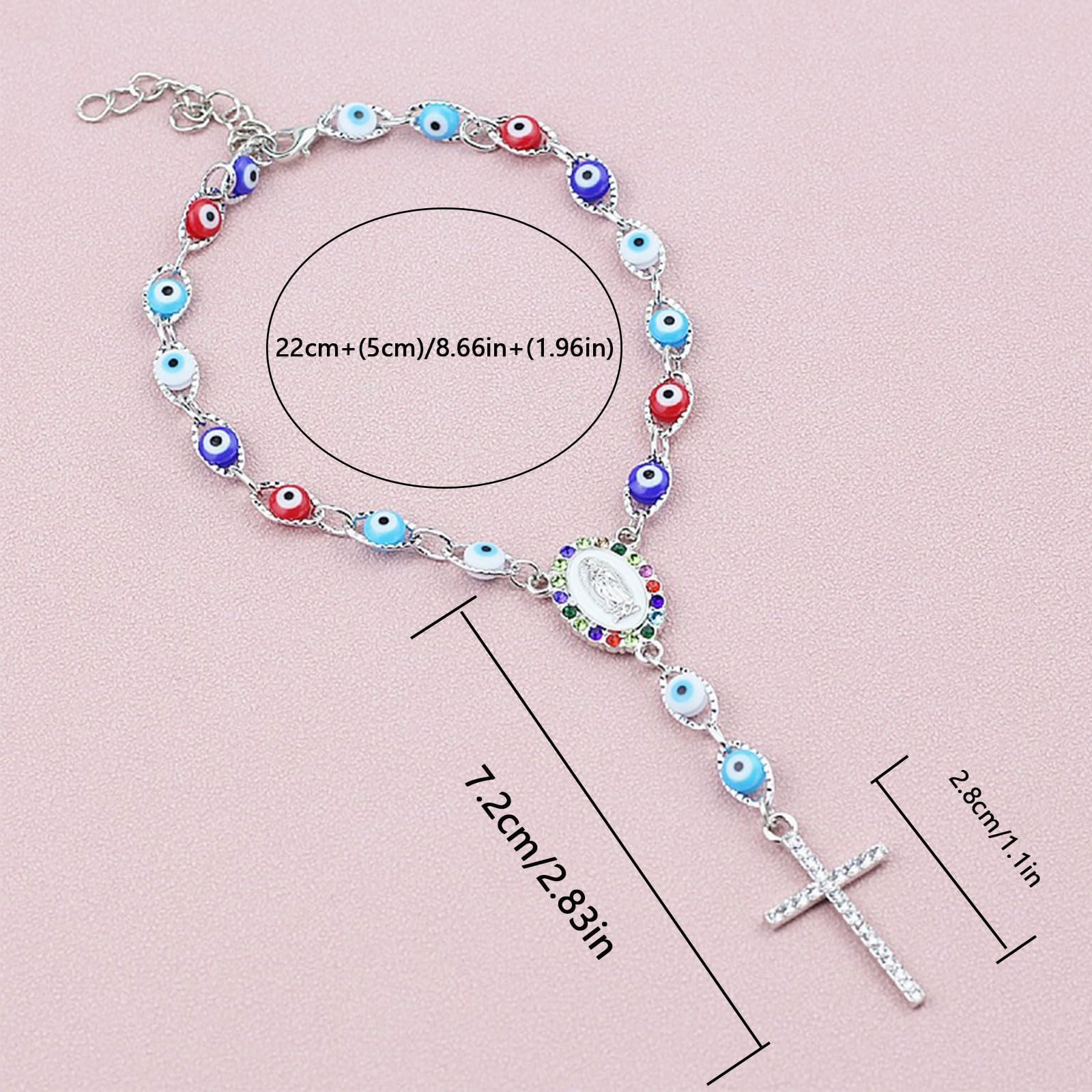 Car Rosary for Rearview Mirror Silver Evil Eye Rearview Mirror Auto Rosary Beads Car Medal and Cross Hanging — view 2