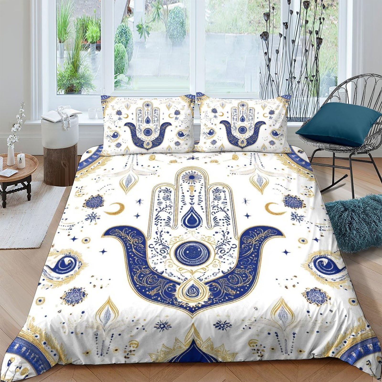 Ctjqhvkz Style-8 3D Printed Hamsa Hand Fitted Sheet Microfiber Soft Blue White Evil Eye Bed Cover For Bedroom Dorm Decor Single（135X200cm）