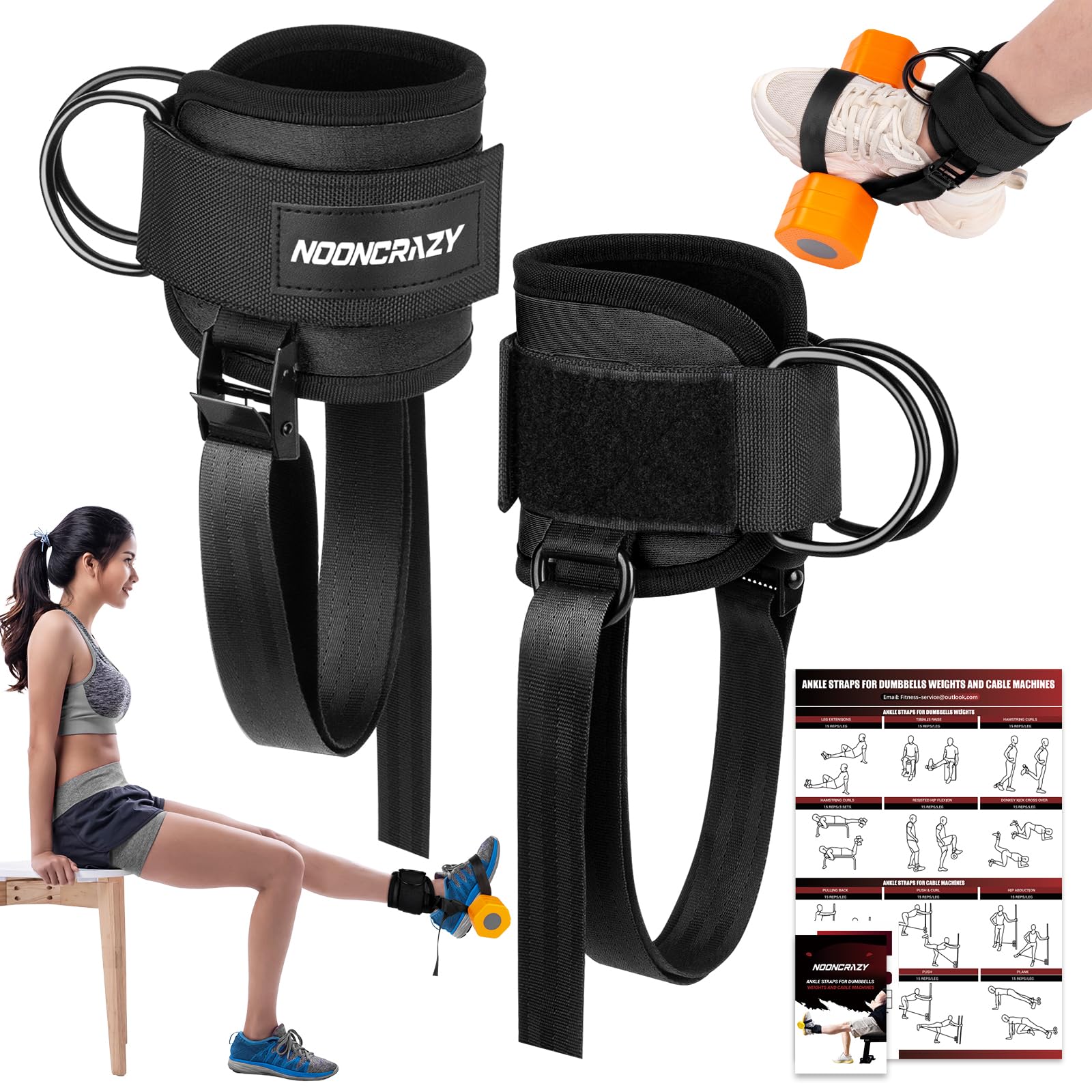 nooncrazy Ankle Straps for Dumbbell and Cable Machine, Dumbbell Foot Attachment with Longer Stronger Nylon Strap, Tibialis Trainer, Leg Extensions,