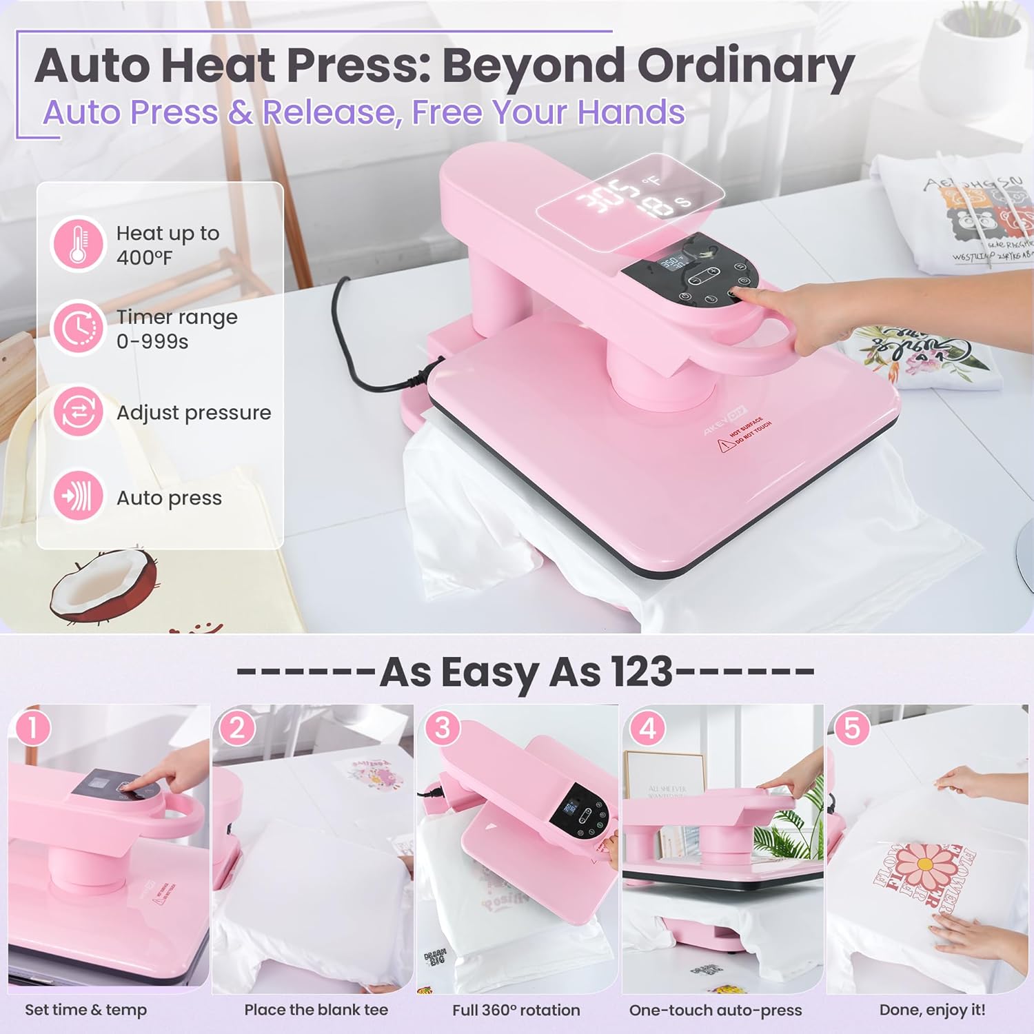 Whubefy 360° Swivel Auto Heat Press 15x15 - Pink Smart Automatic T-Shirt Printing with Auto Release & 7-Level Auto Pressure - Swing Away Large Pro Heat Press Machine for T Shirts Hoodie HTV Vinyl