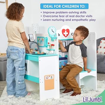 Lil Jumbl Wooden Doctor Playset, Multi-Sided Medical Office Activity Center with Exam Room, Check-in & Waiting Areas, Toddler Playset, Doctors Office Pretend Play
