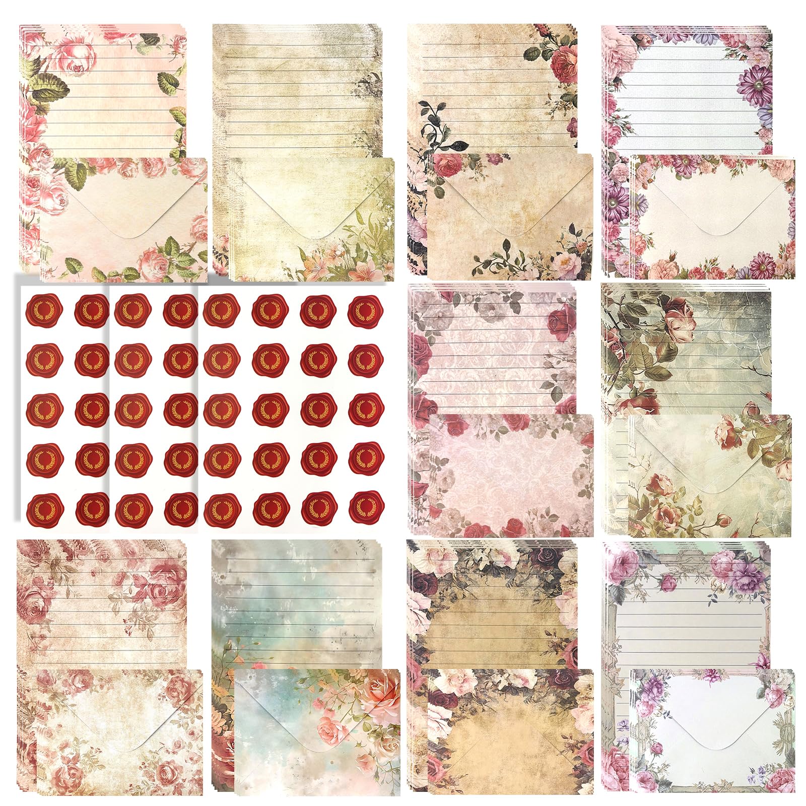 160 Pcs Stationery Paper and Envelopes Set, Vintage Floral Letter Writing Set, 50 A5 Lined Letter Paper with 50 Envelopes & 60 Wax Seal Stickers for Invitations, Birthday and Love Letters