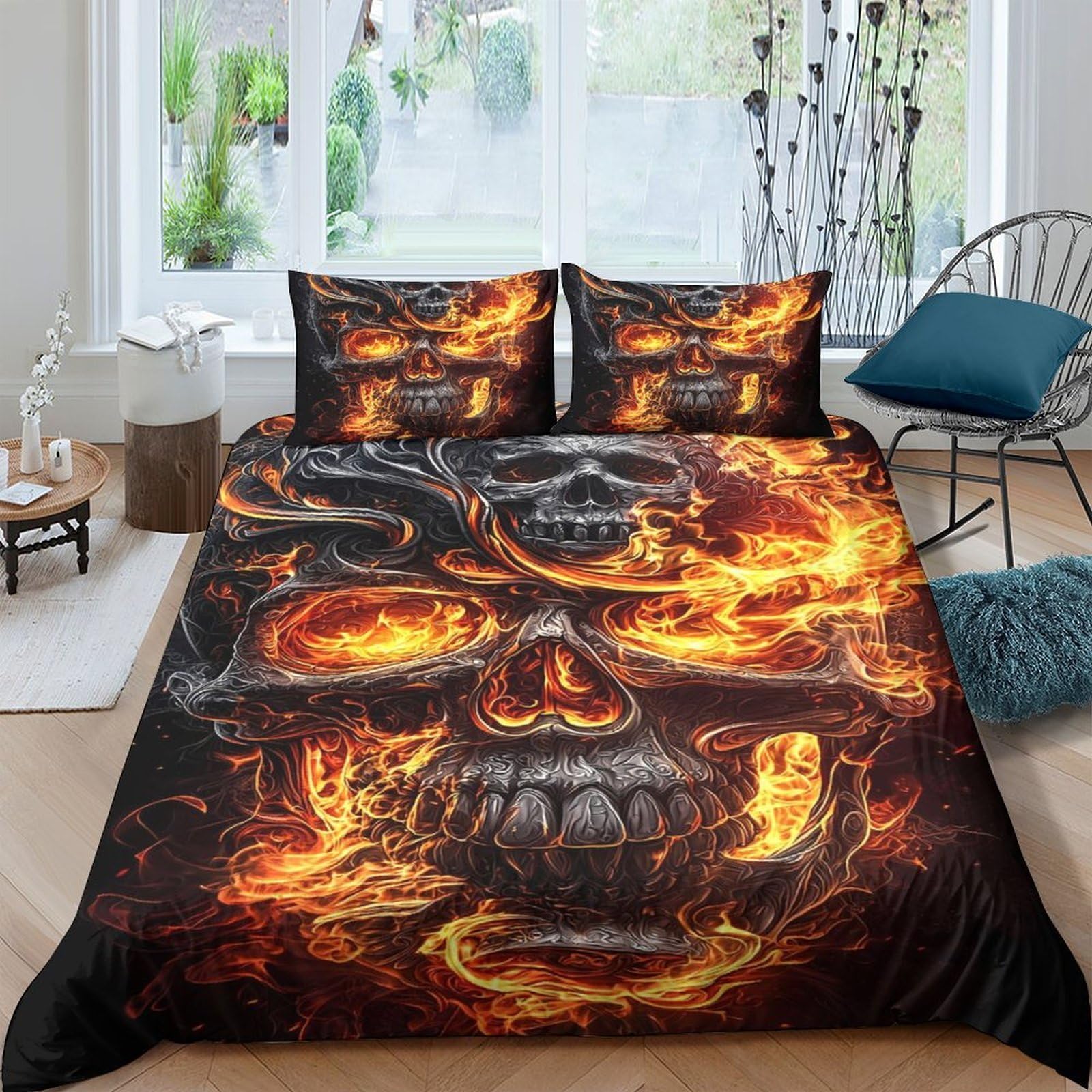 GPLZQXKJNH 3D Printed Fire Skull Duvet Cover Microfiber Soft Breathable Flame Skeleton Bedding Set with 2 Pillowcases for Bedroom Decor Single（135x200cm）