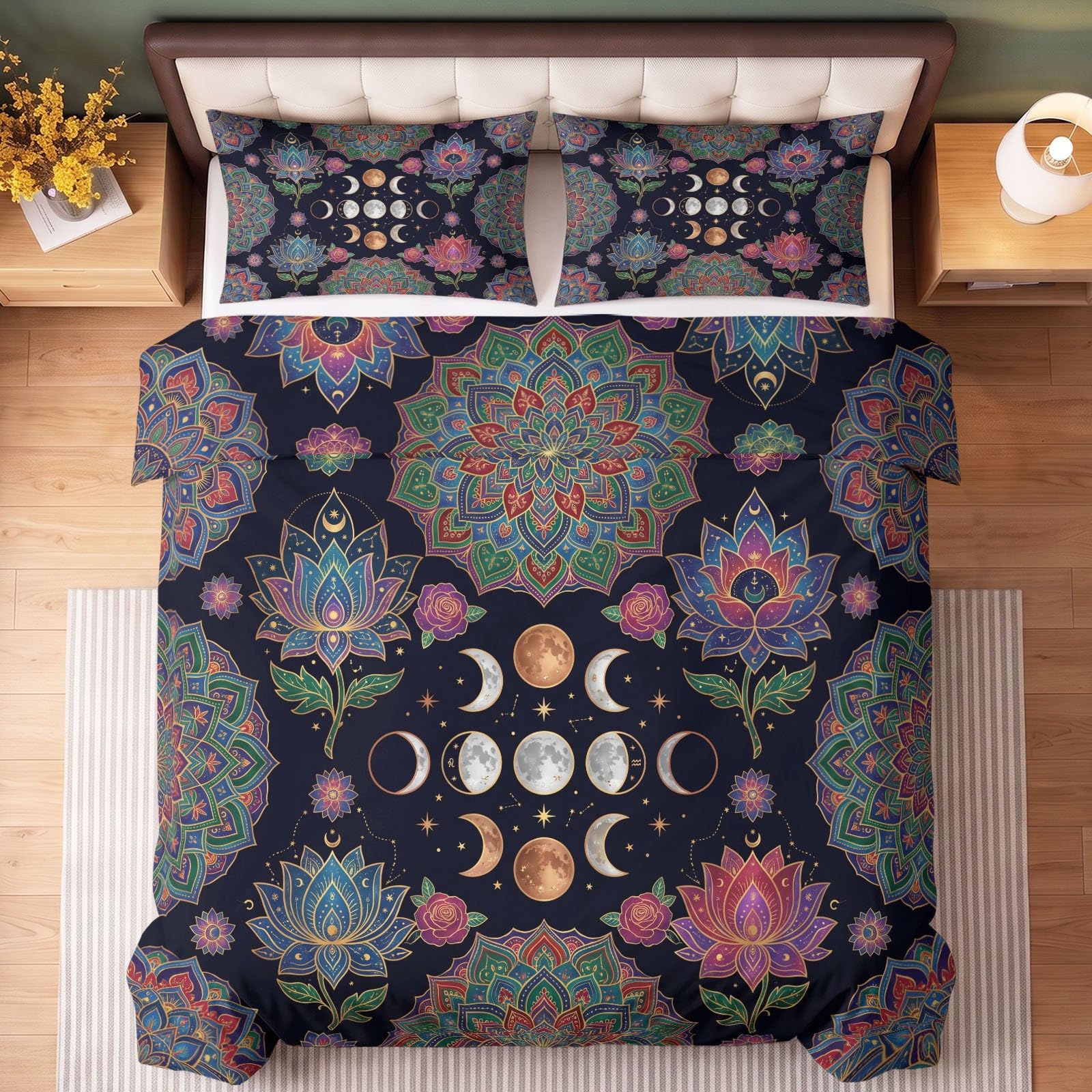 Moon Lotus Mandala - Juego de funda de edredón para cama doble (200 x 200