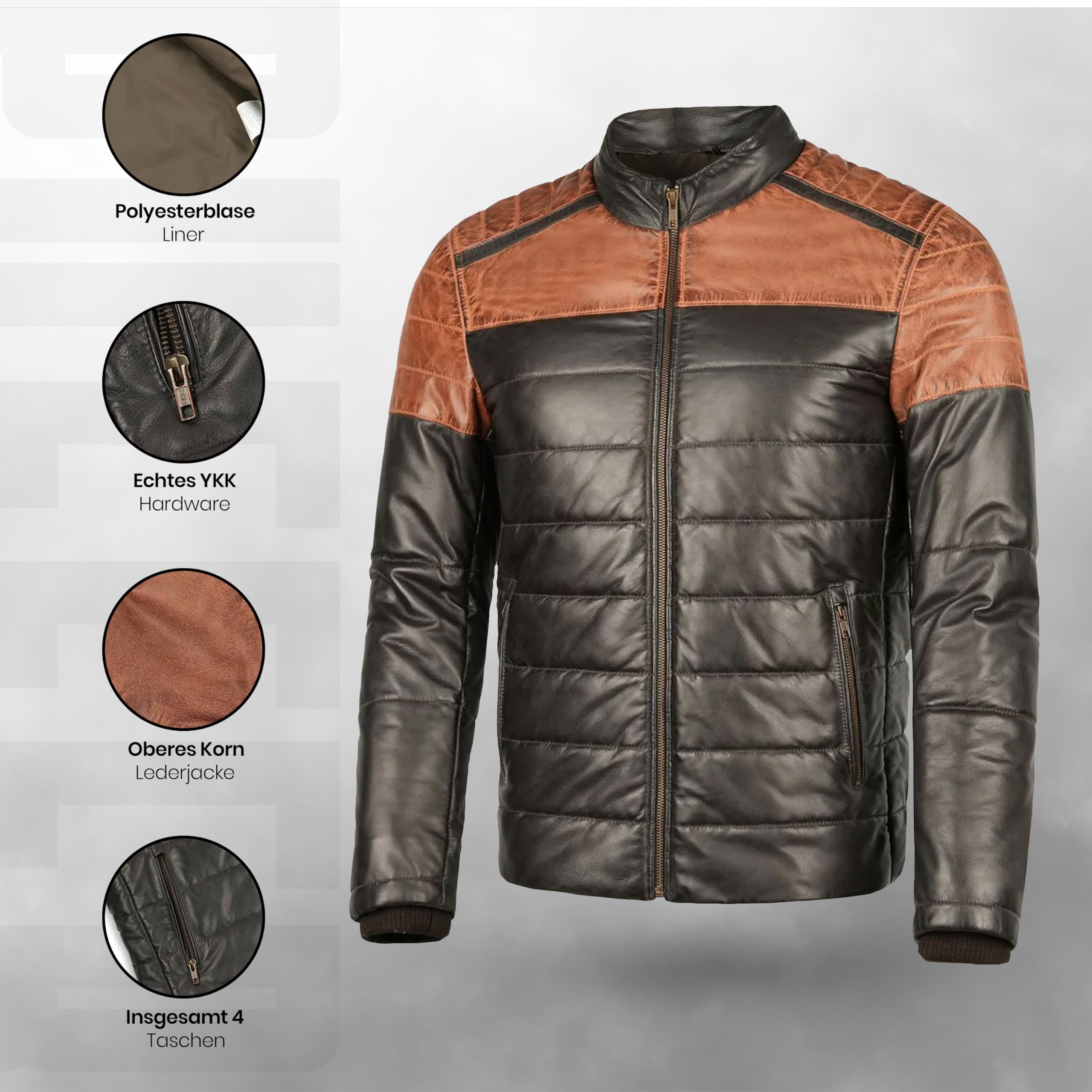 Leatherick Chaqueta acolchada bitono de piel de cordero para hombre: piel auténtica con forro aislante de burbujas, cierre de cremallera y diseño multibolsillos.
