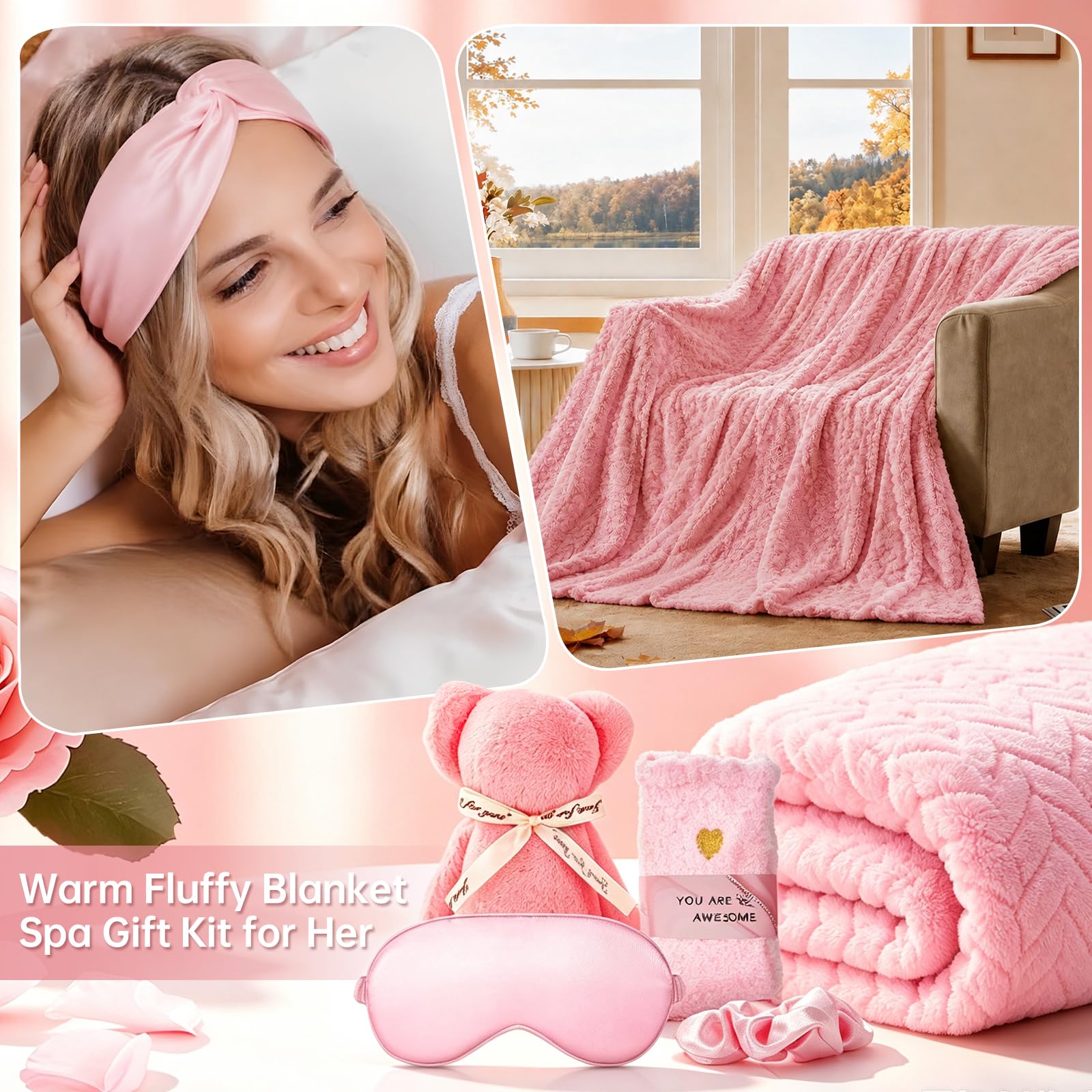 Cesto regalo per donne, regalo di compleanno Get Well Spa per la cura di sé per mamma, moglie, lei, coperta rilassante in flanella con calzini a candela rosa (rosa)