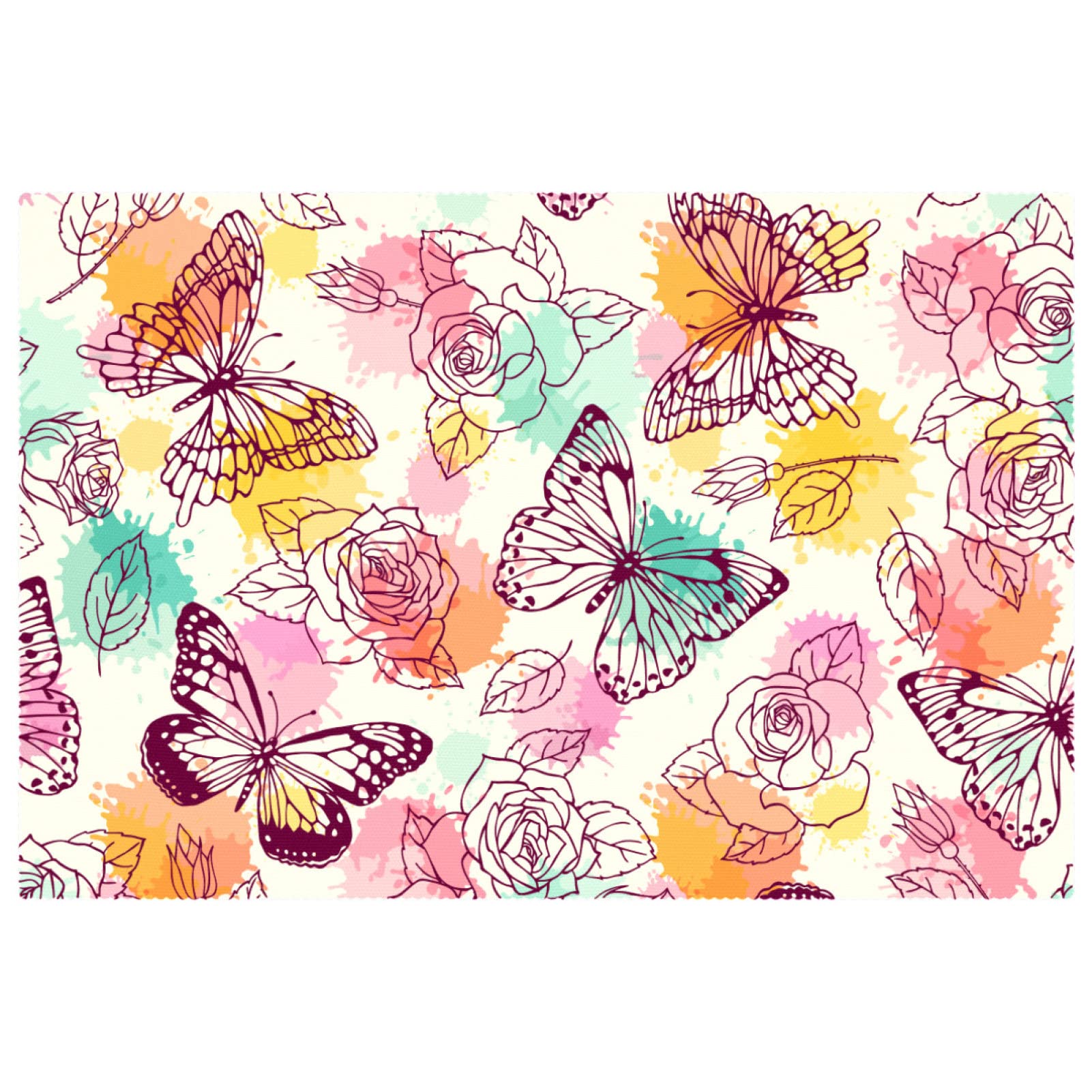 Set de table vintage papillon rose rectangulaire antidérapant x6