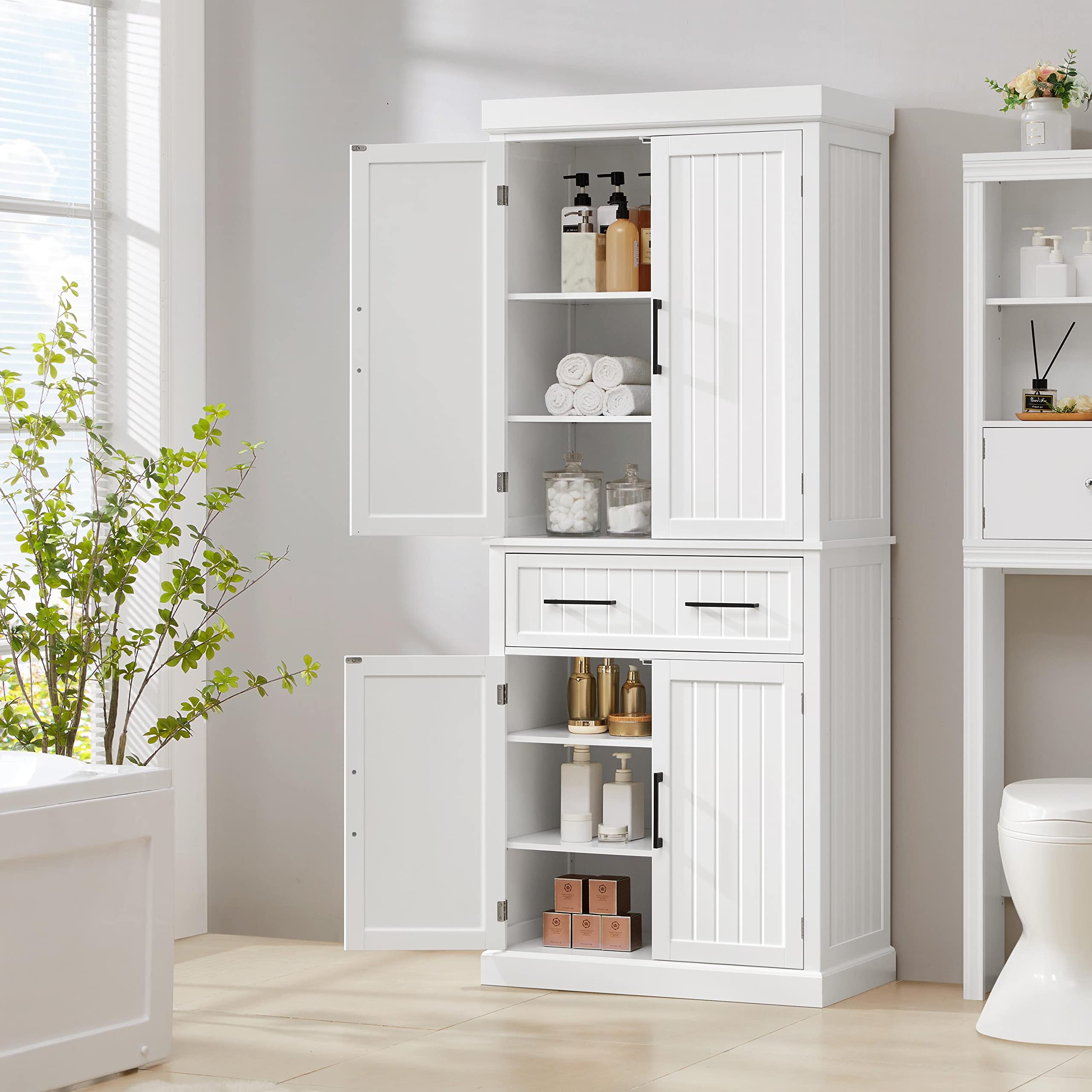 Yaheetech Armario de Almacenamiento con 4 Puertas y 1 Cajón, 183.5x76.5x40.5 cm, 2 Estantes Ajustables para Cocina, Salón y Entrada, Blanco