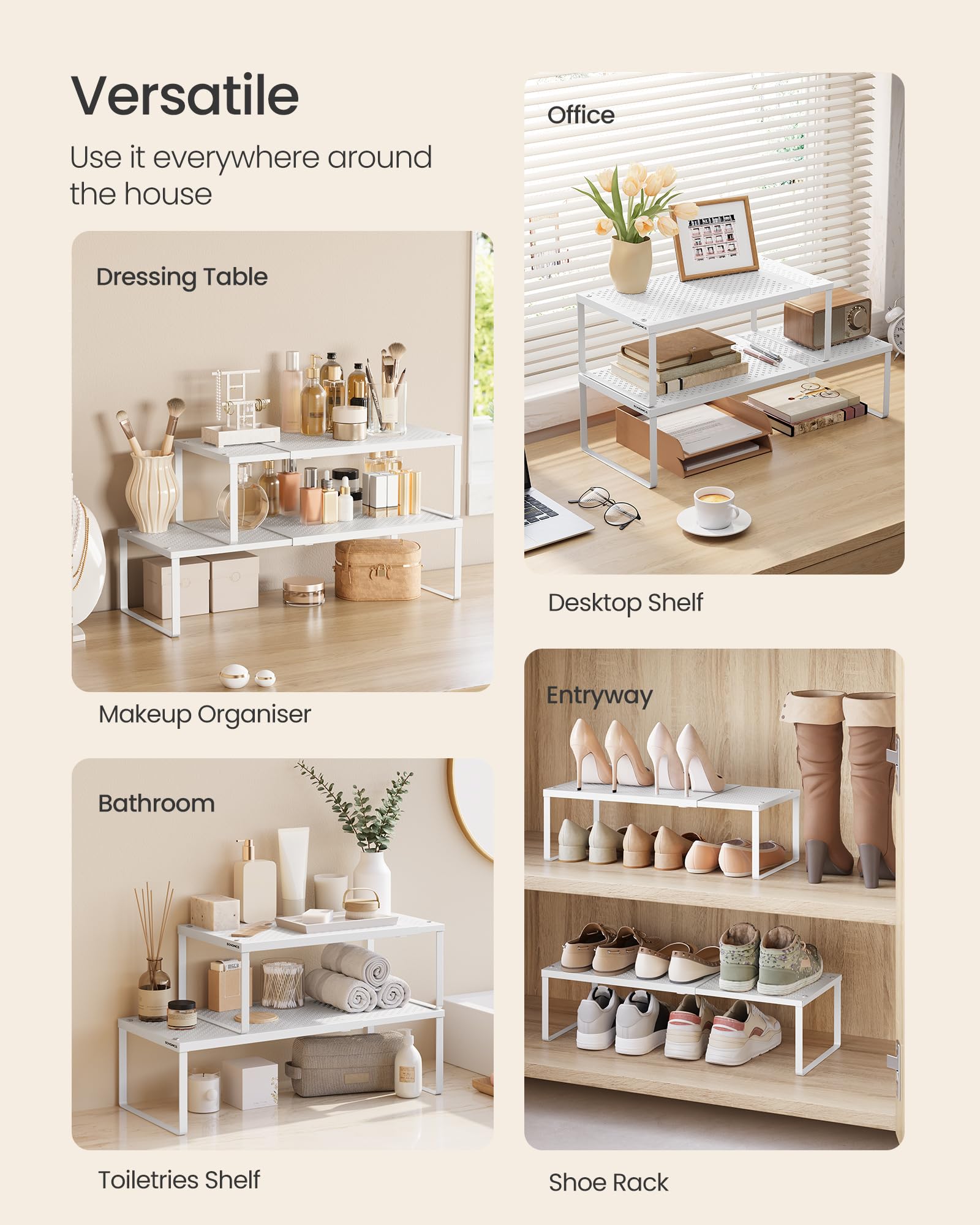 SONGMICS Spice Racks, Extendable Cupboard Organisers, Kitchen Countertop Shelves, Set of 2, Space-Saving Metal Storage - Image 4