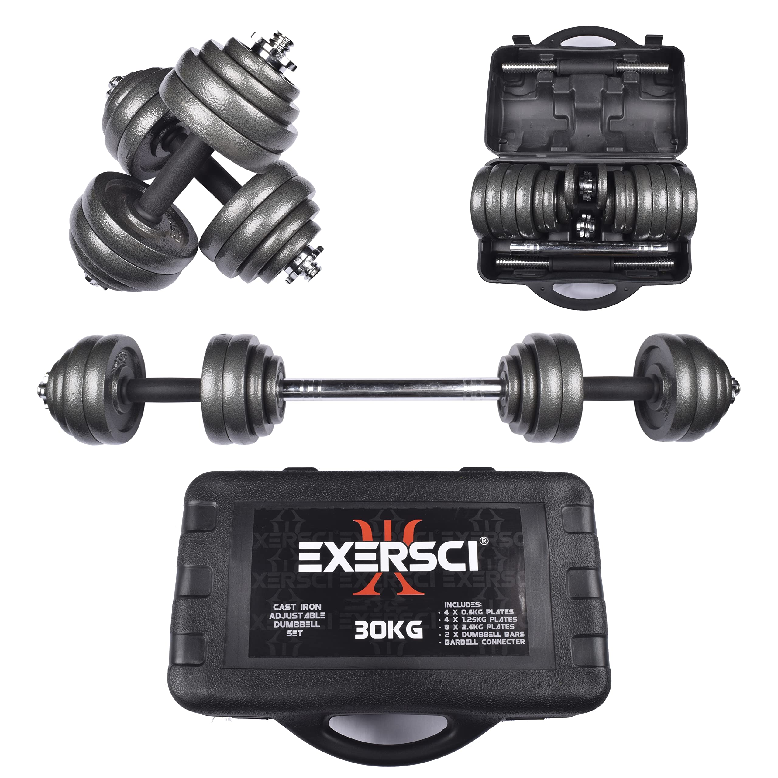 Exersci Cast Iron Adjustable Dumbbell/Barbell Box Set 30 KG - Bicep Curl, Tricep Extension, Bench Press, Upright Row- Fitness Workout Home Gym