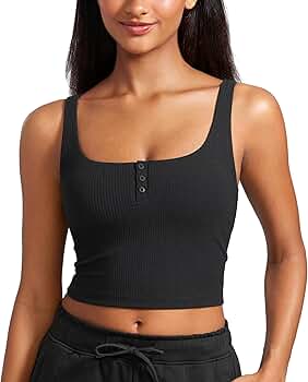CRZ YOGA Ribbed Henley Sports Bras for Women - Square Back Padded