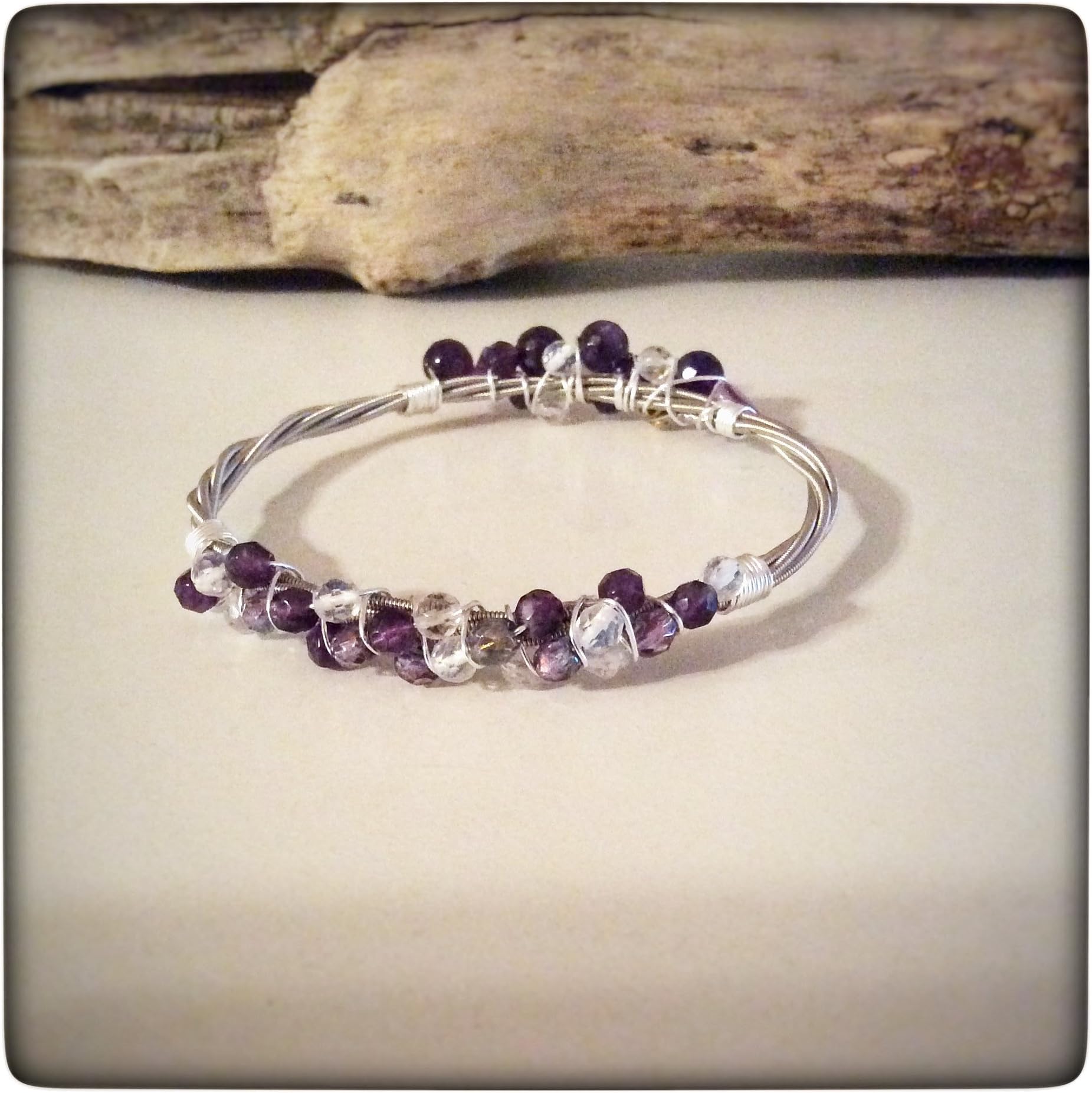 Musically Inspired Wire Wrapped Guitar String Bangle Bracelet - Amethyst - Collectable - Stackable - Vegan - Birthstone - Ready to ship