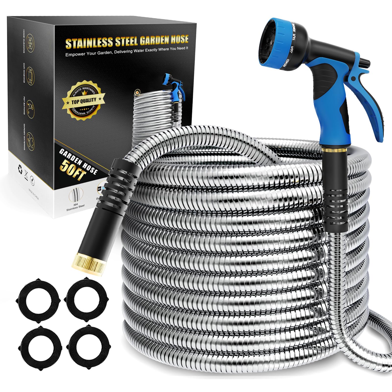Photo 1 of Lefree 50ft Metal Garden Hose - Heavy Duty 304 Stainless Steel Flexible Water Hose, No Kinks & Leak-Proof with Upgraded Handle, 10-Function Spray Nozzle for Balcony, Patio, Small Yard, Car Wash