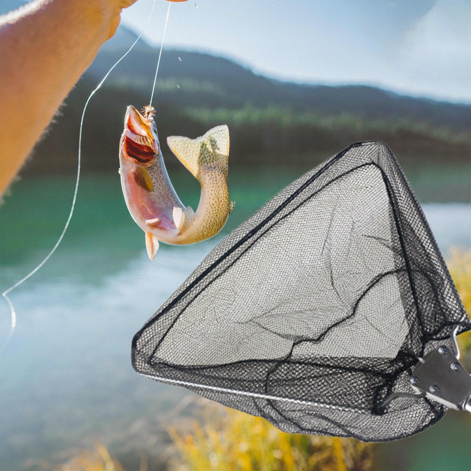 Rete da Pesca con Maglia in Nylon Resistente E Testa Triangolare in Acciaio Inox Rete Pieghevole Portatile per Sbarco Pesci Rete per Rilascio Pescator, 60 cm