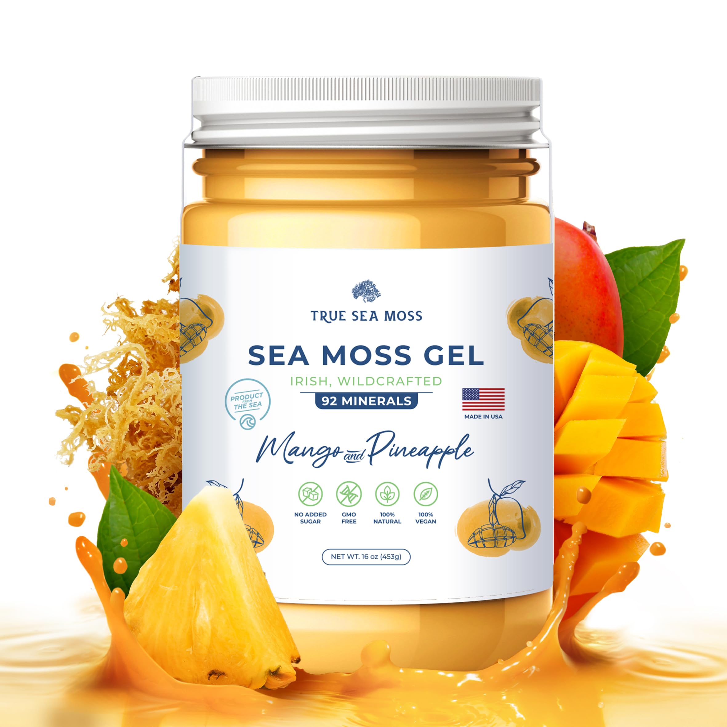 TrueSeaMoss Wildcrafted Irish Sea Moss Gel 7 Flavors- Nutritious Raw Seamoss Rich in Minerals, Proteins & Vitamins Antioxidant Health Sea Moss, Vegan Made in USA (MANGO/PINEAPPLE, 1)