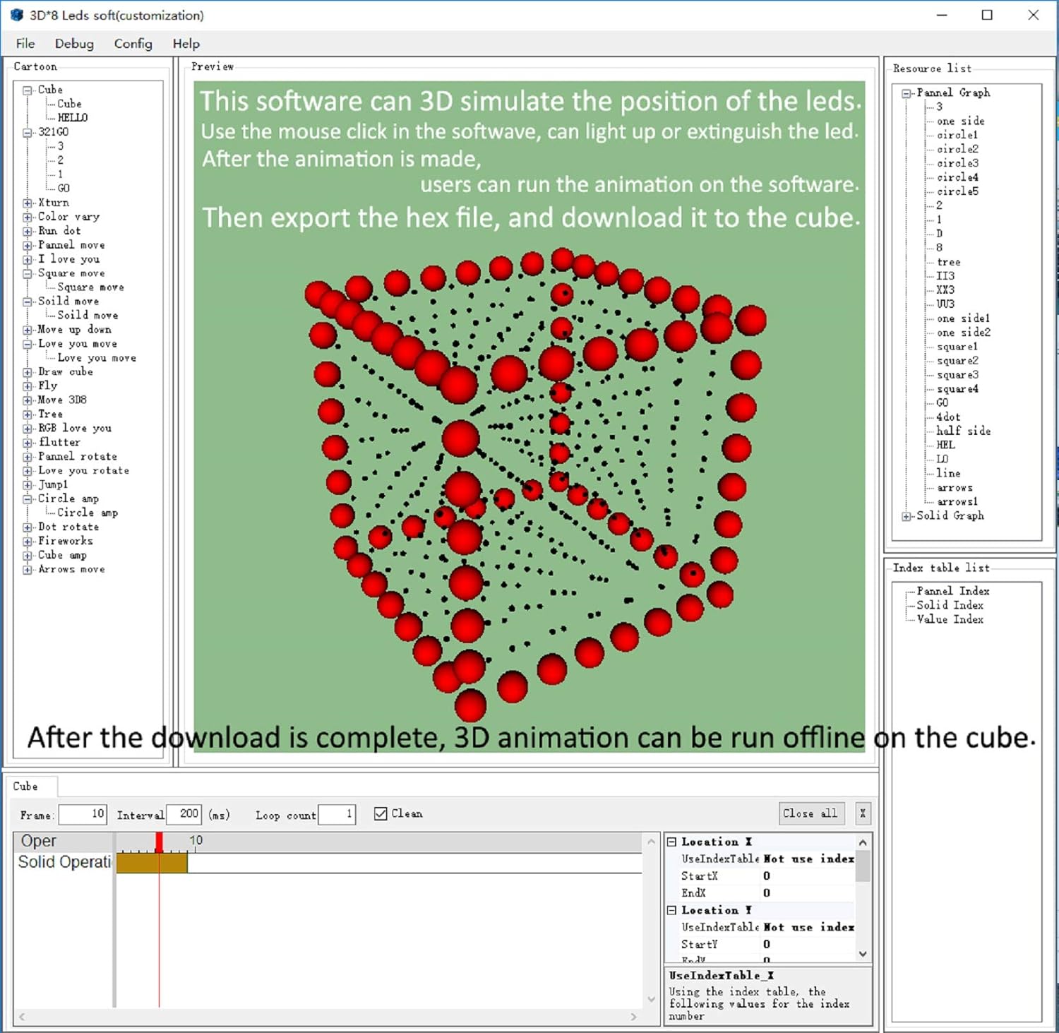 Screenshot of the 3D software for customizing LED cube animations
