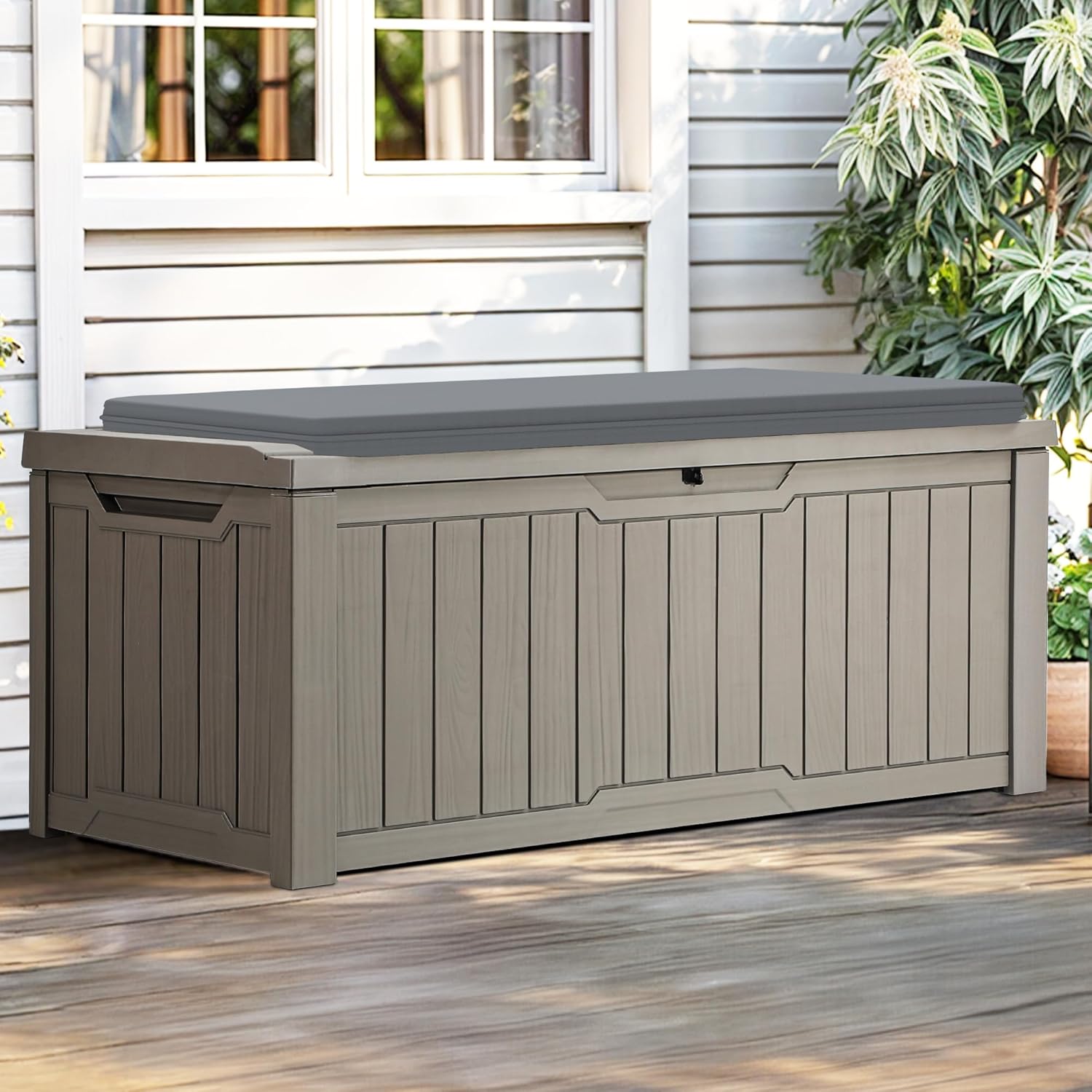 YITAHOME Outdoor Storage Box with Cushion, 120 Gallon Waterproof Deck Box for Garden Tools, Patio Cushions, and Pool Accessories, Lockable, Easy Assembly, Versatile Bench or Table (Light Brown) Deck Box w/Cushion 120 Gallon Taupe