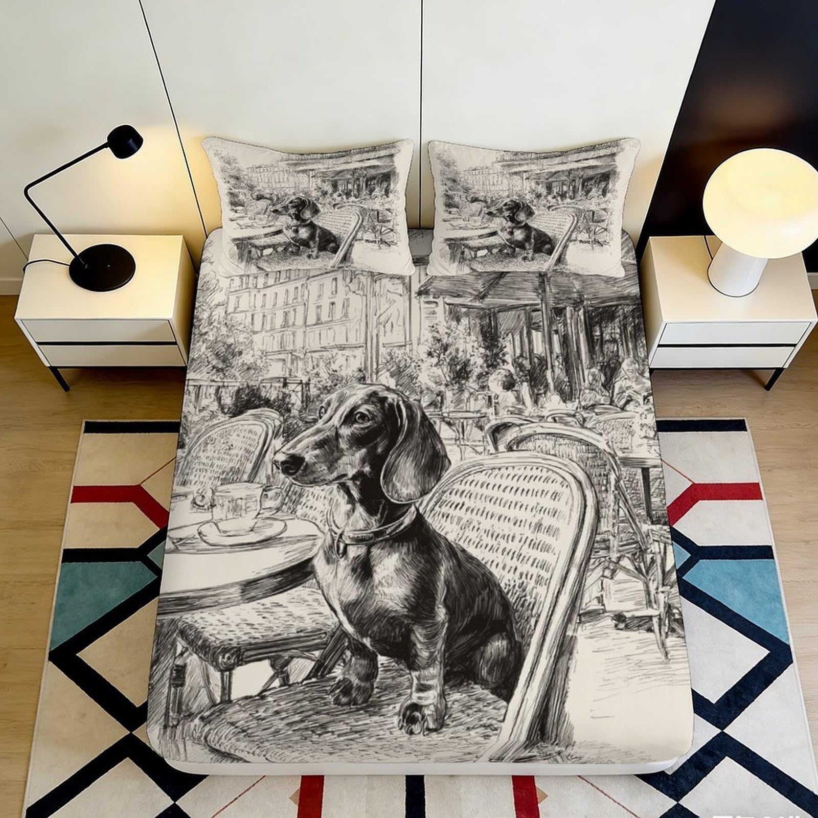 Uxinyoume Style-5 3D Printed Dachshund Café Scene Fitted Sheet Microfiber Anti-Slip Bed Sheet Machine Washable Bedroom Decor 90X200x25cm