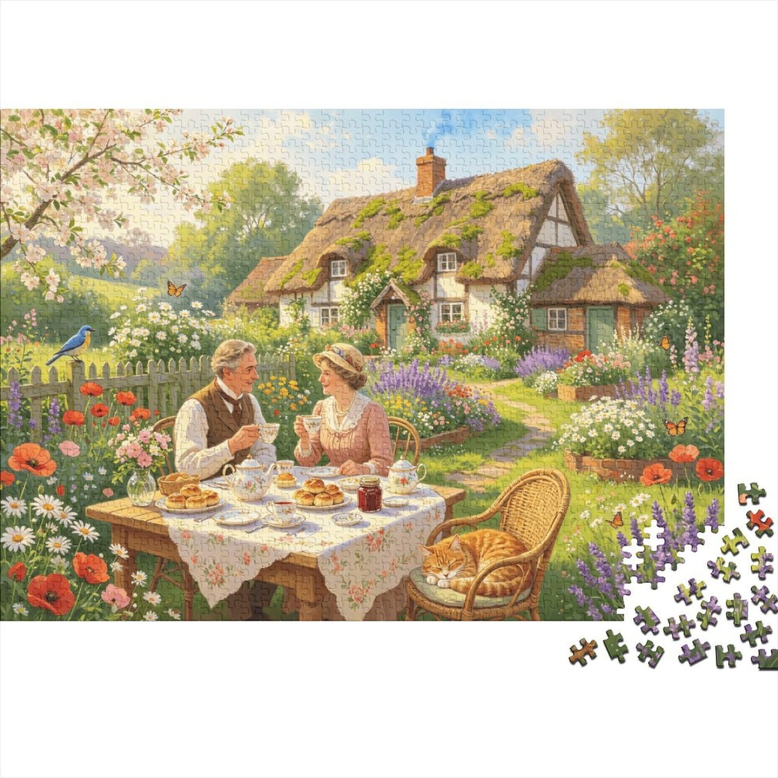 Garden Tea 1000 Piece Jigsaw Puzzle Recyclable Paper Cottage Yard Senior Puzzles Party Game Props Great Gift Idea for Women And Men Both 52x38cm/1000pcs