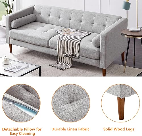 Miniatura 5 de Setawix Sofá de tela de lino de 73 pulgadas moderno sofá biplaza de mediados de siglo con brazos cuadrados sofá copetudo con 2 almohadas de refuerzo