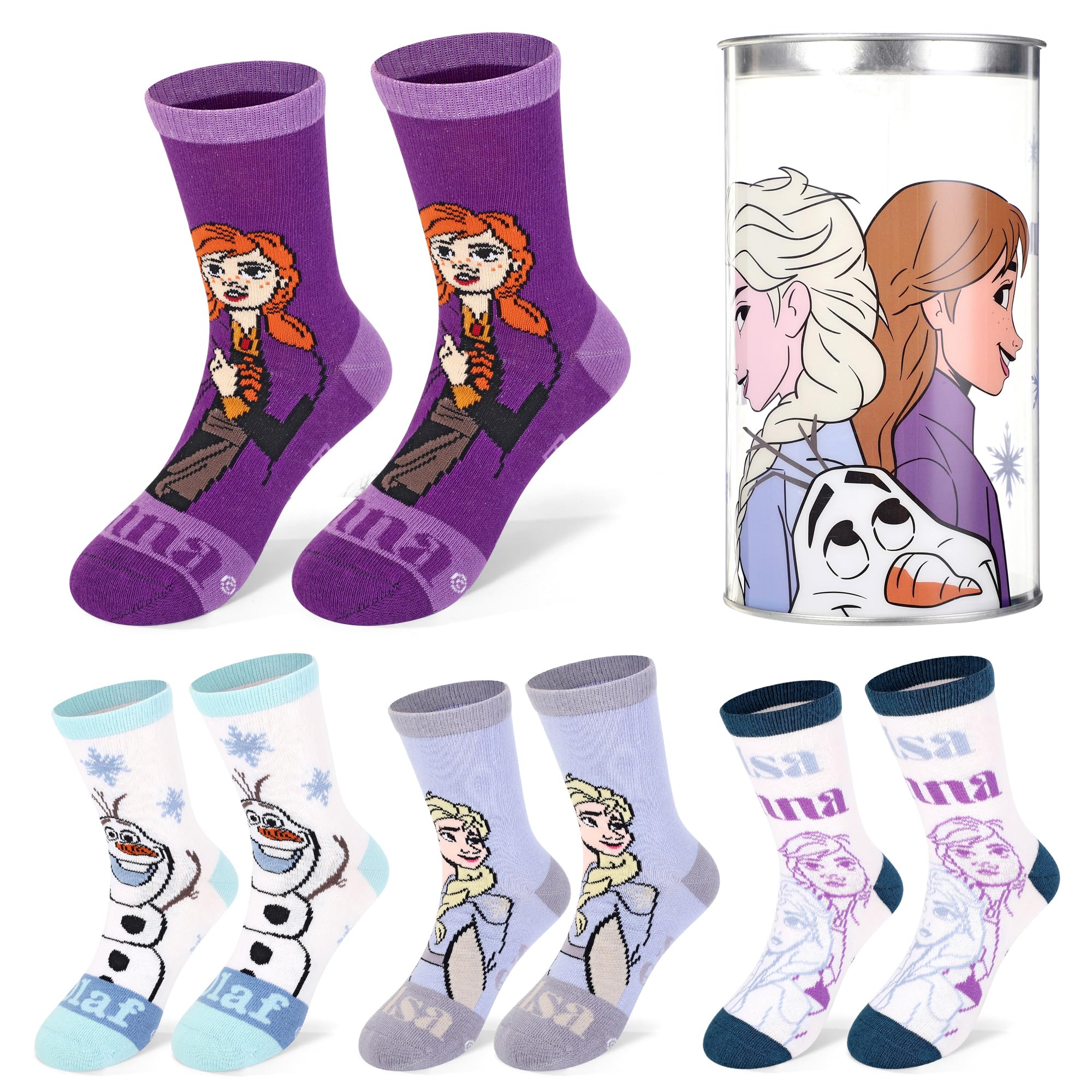 Disney La Reine des Neiges Lot de 4 paires de chaussettes en coton pour enfants – Cadeau idéal pour enfants – Emballées dans une tirelire ronde en plastique