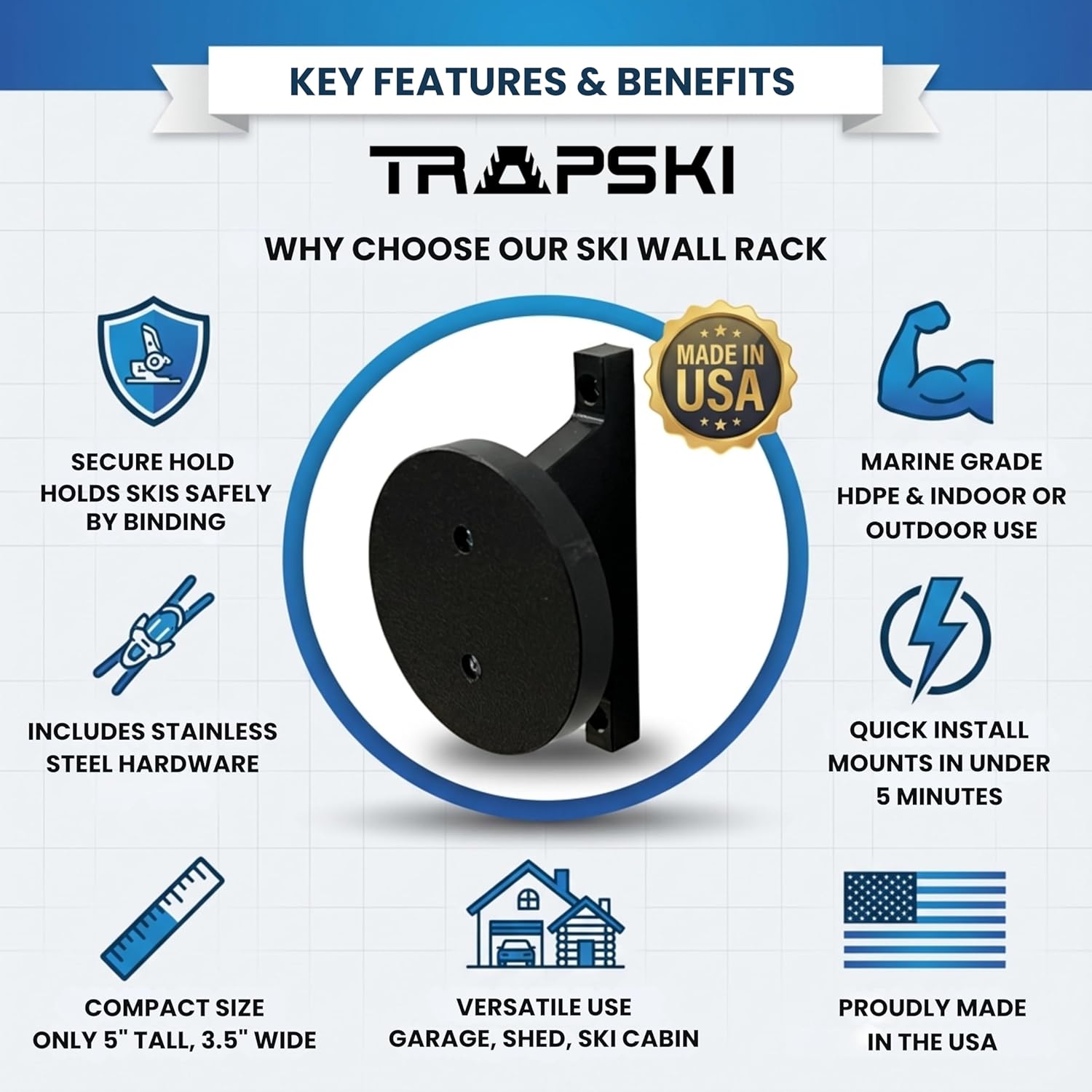 TRAPSKI Wall Ski Racks for Garage or Shed | HDPE Marine Grade Plastic | Indoor/Outdoor Use