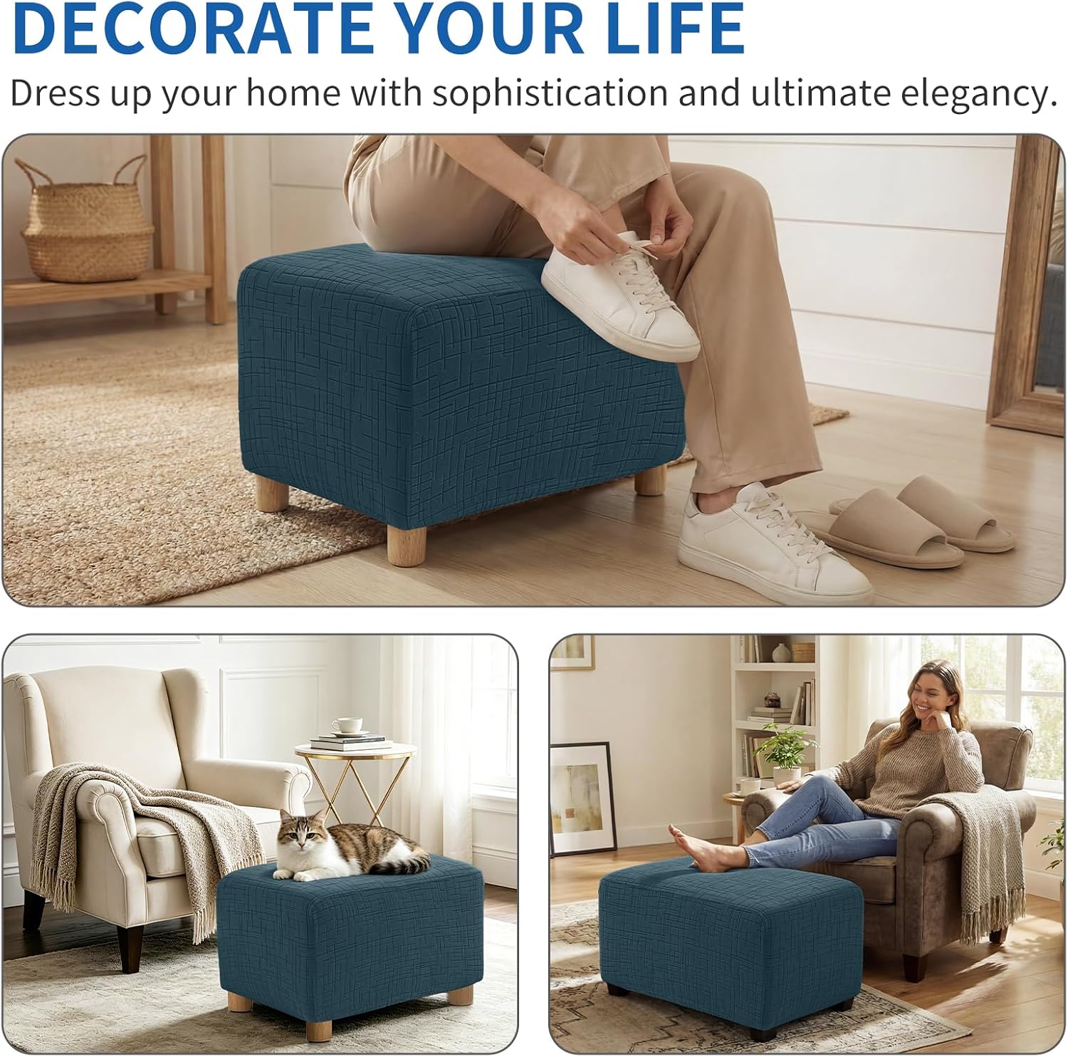 High Stretch Large Ottoman Cover Square, Ottoman Cover Rectangular for Folding Storage Stool, Thick Ottoman Slipcovers Washable Removable, with Elastic Bottom (Large, Forest Green)
