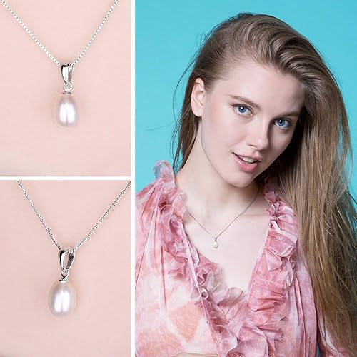 Miniatura 6 de Collar con colgante de perlas cultivadas de agua dulce de plata de ley 925 para mujeres y niñas, dije de lágrima con colgante de perlas chapadas en