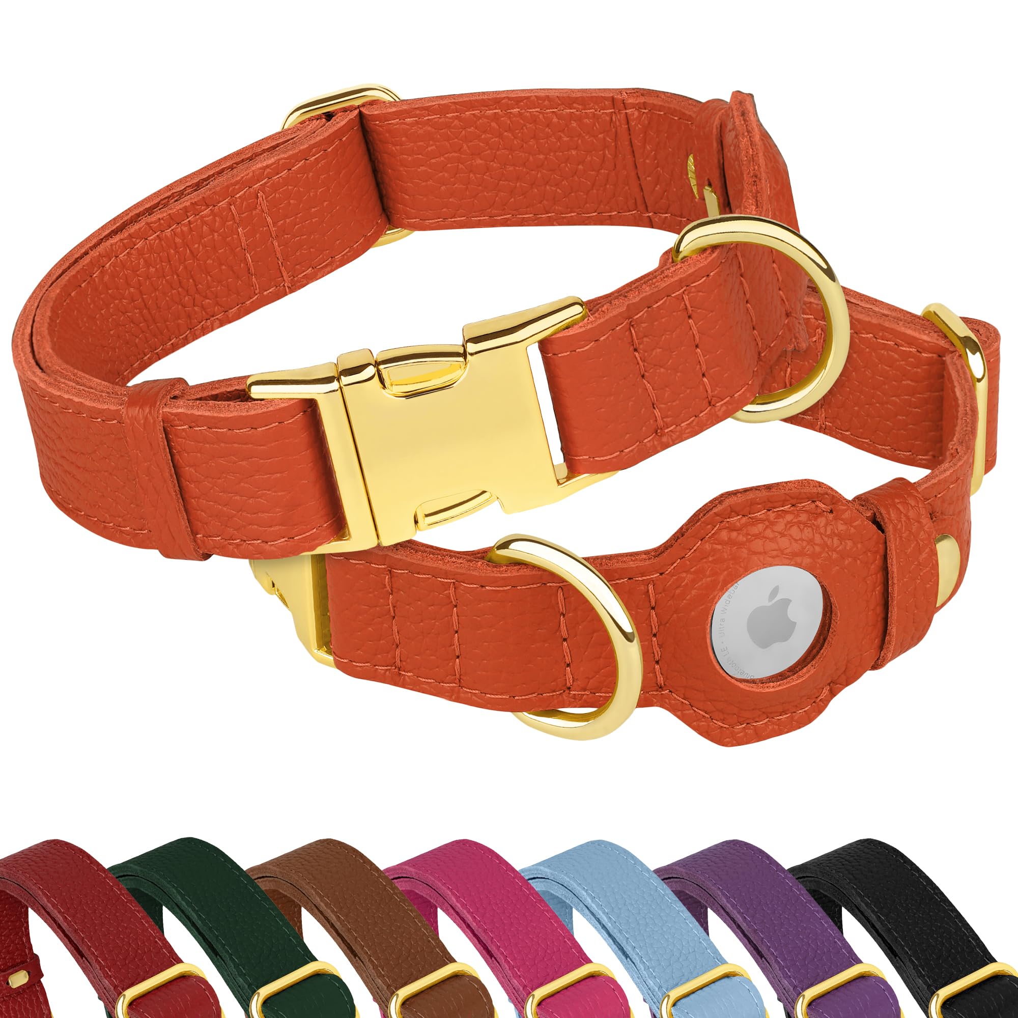 Collier AirTag pour chien anti-perte en cuir orange souple taille L