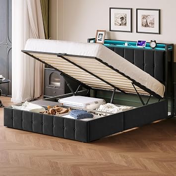 Garvee Full Size Upholstered Lift Up Storage Bed with LED Lights, Black