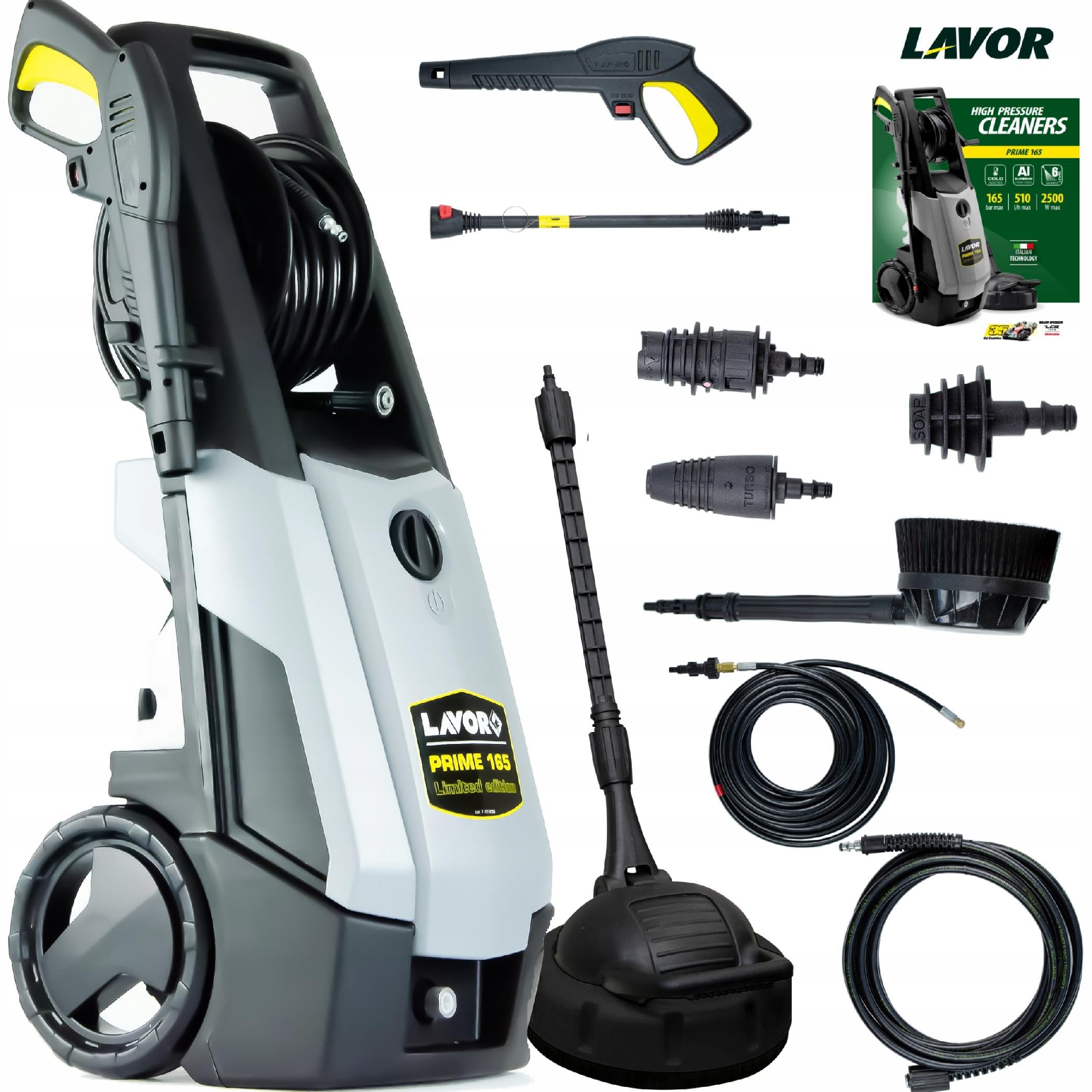 LAVOR Myjka Ciśnieniowa Prime 165 Zestaw Max: 250 EwBAR, Moc Silnika: 2500 W, Wąż Do Kanalizacji 6m, Aluminiowa Pompa, Bęben do zwijania, wzmocniony ABS, Dysza Turbo, zestaw do czyszczenia patio