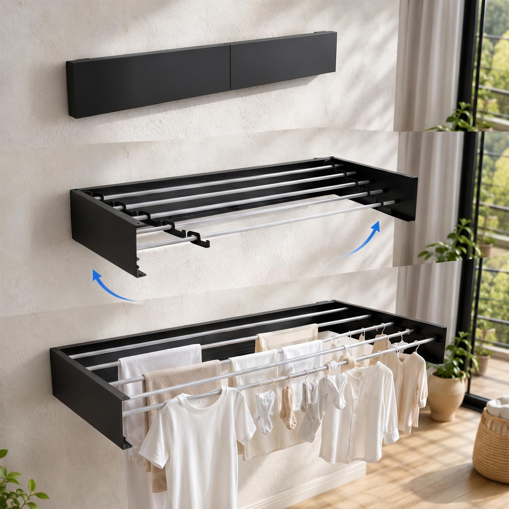 CLAPONE Wall Mounted Clothes Drying Rack, Foldable Laundry Drying Rack with 5 Retractable Rods, Space Saving Indoor Outdoor Clothes Dryer, Heavy Duty Aluminum Wall Hanger (Black-Silver Road-80cm)-image-46