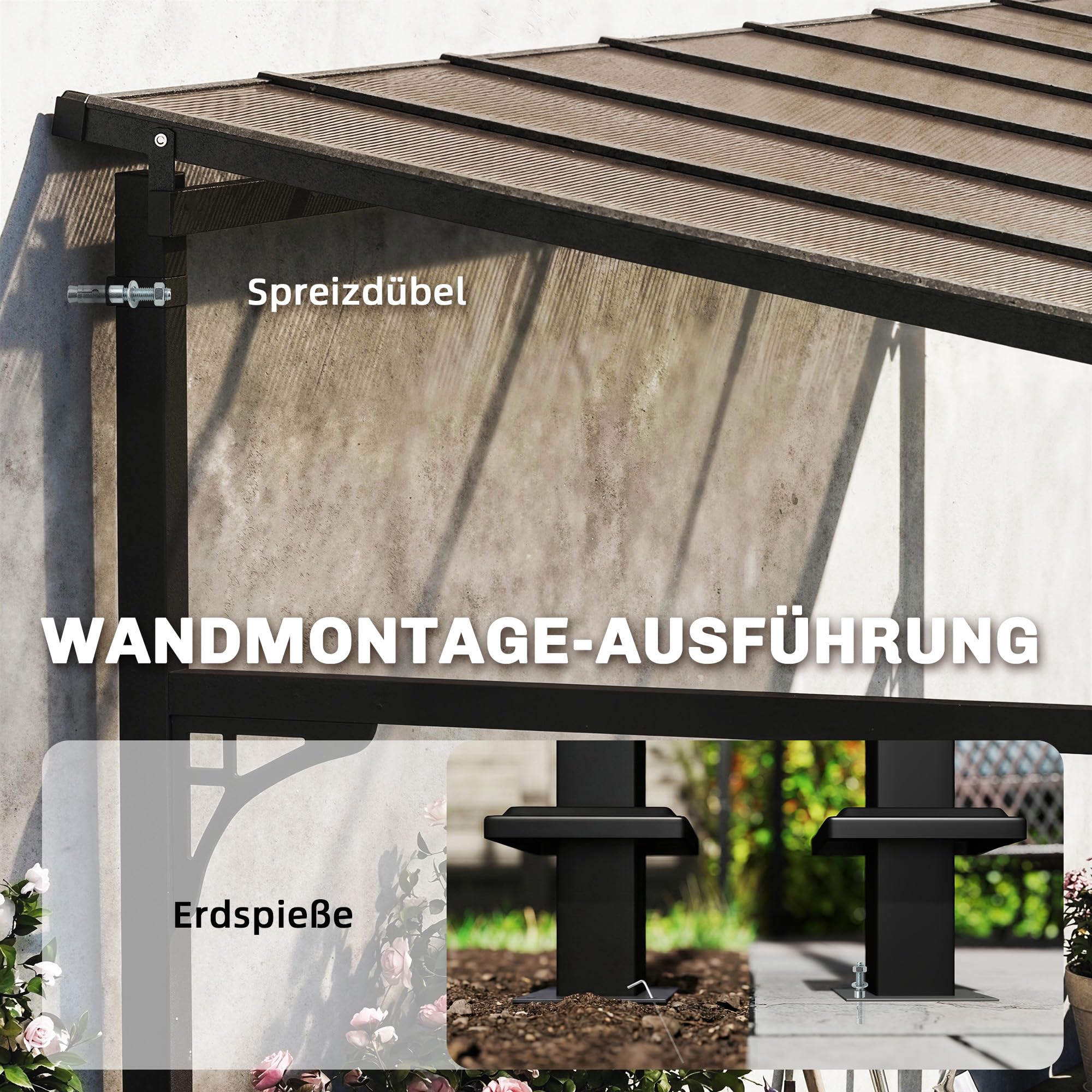 Outsunny Pergola ścienna 4 x 3 m Zadaszenie tarasowe z nachylonym dachem poliwęglanowym, metalowo-aluminiowa rama, przylegająca pergola na taras, ogród, brązowa