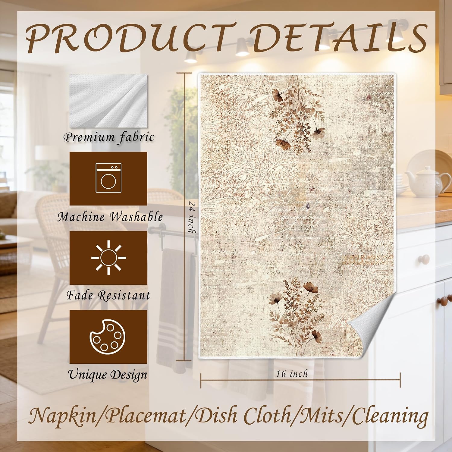 Vintage Boho Neutral Floral Kitchen Towels 16x24 in, Retro Cottagecore Botanical Wildflower Decorative Hand Tea Dish Towels for Bathroom Kitchen, Set of 2