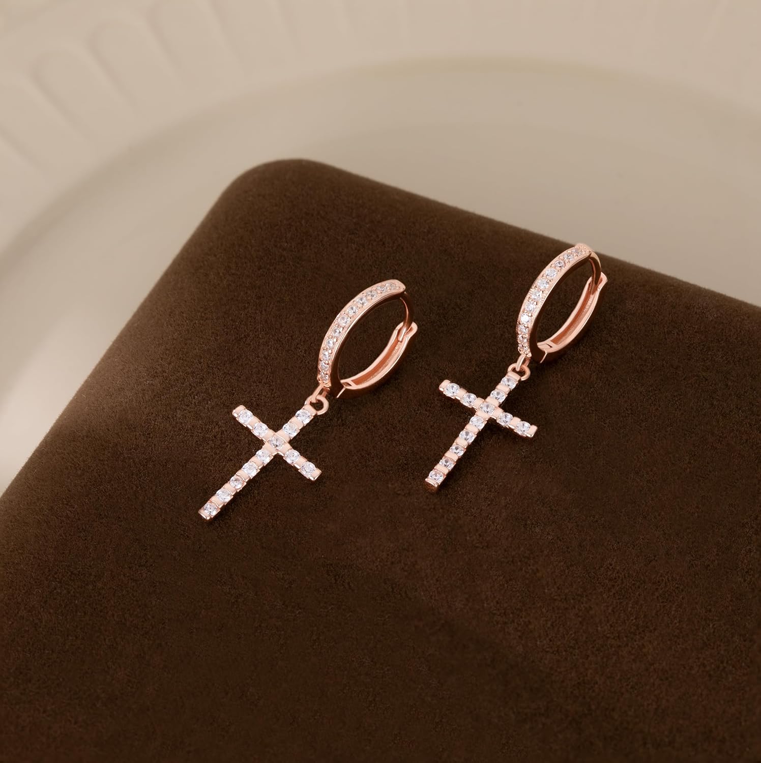 Reffeer Solid 925 Sterling Silver CZ Cross Dangle Earrings for Women Teen Girls Cross Dangle Hoop Earrings Huggie Drop Earrings - Image 5