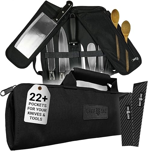 Estuche de viaje para cuchillos de chef, 8 bolsillos para cuchillos y herramientas, 2 solapas con cuchillo y bolsillo de malla, ranura para barra de