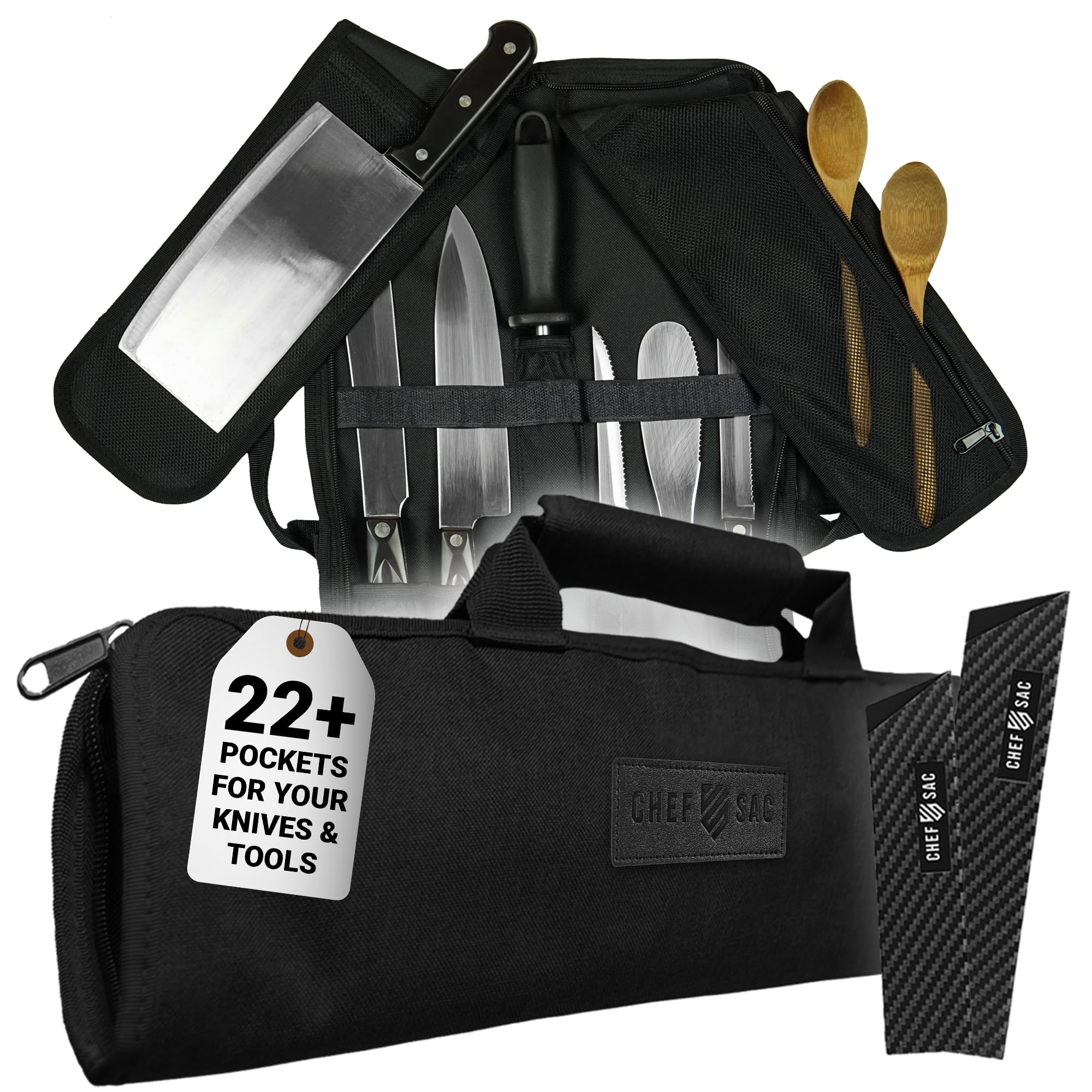 Chef Knife Roll Bag Travel Case | 8 Pockets for Knives & Tools | 2 Flaps with Cleaver & Mesh Pocket | Honing Rod Slot | Chef Knife Case for Professional & Students | Knives Not Included (Black)
