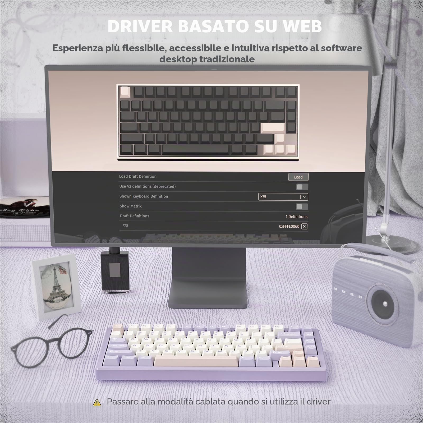 LexonElec x ATTACK SHARK X75 CNC Tastiera da gioco wireless in alluminio al 75%, Tri Mode-BT/2.4G/Cablato, Tastiera meccanica RGB montata su guarnizione, batteria da 5000 mAh, Supporta Win/Mac-viola