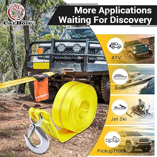 Miniatura 5 de CarBole Correa de cabrestante para remolque con gancho de 2 pulgadas x 20 pies, resistencia a la rotura, correa de cabrestante resistente de 10000