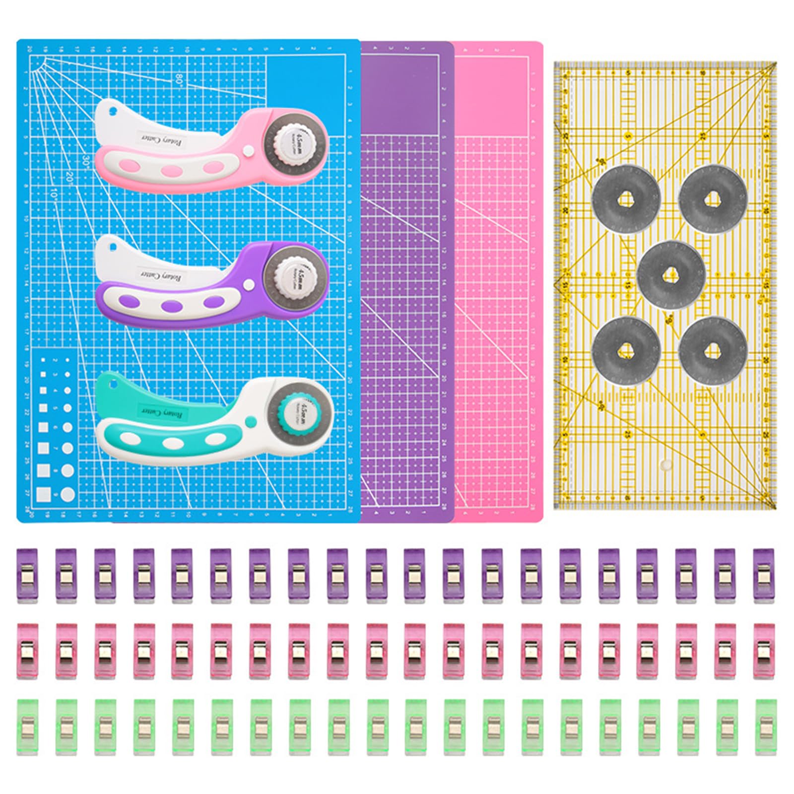 Rollschneider mit Sicherheitsverriegelung, Set inklusive extra Ersatzschaufeln, Rollschneider, 45 mm, Rollschneider für Stoff-Rollschneider, Set für Stoff-Rotationsschneider, Werkzeug-Kits